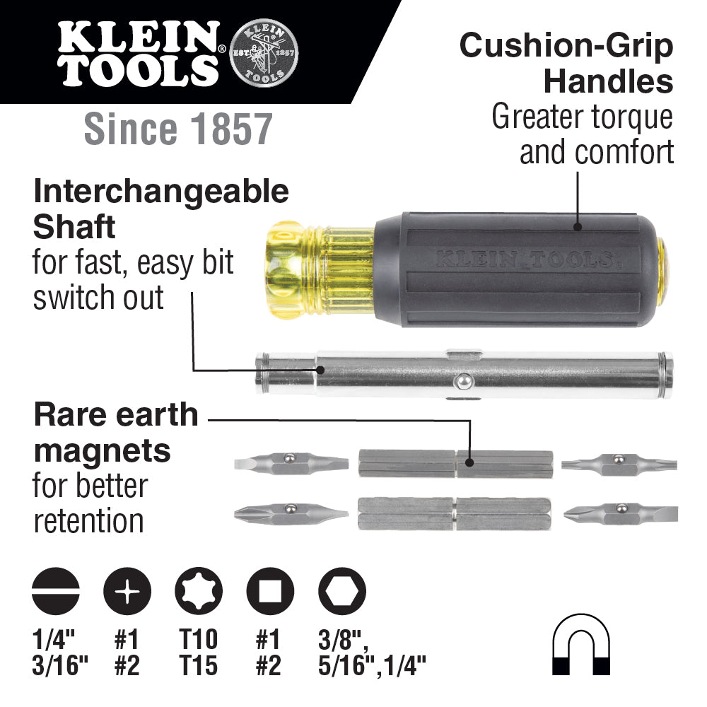 Klein Tools Multi-Bit Screwdriver / Nut Driver, 11-in-1, Ph, Sl, Sq, TORX® Bits
