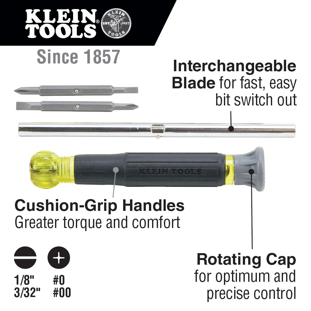 Klein Tools Multi-Bit Electronics Screwdriver, 4-in-1, Phillips, Slotted Bits