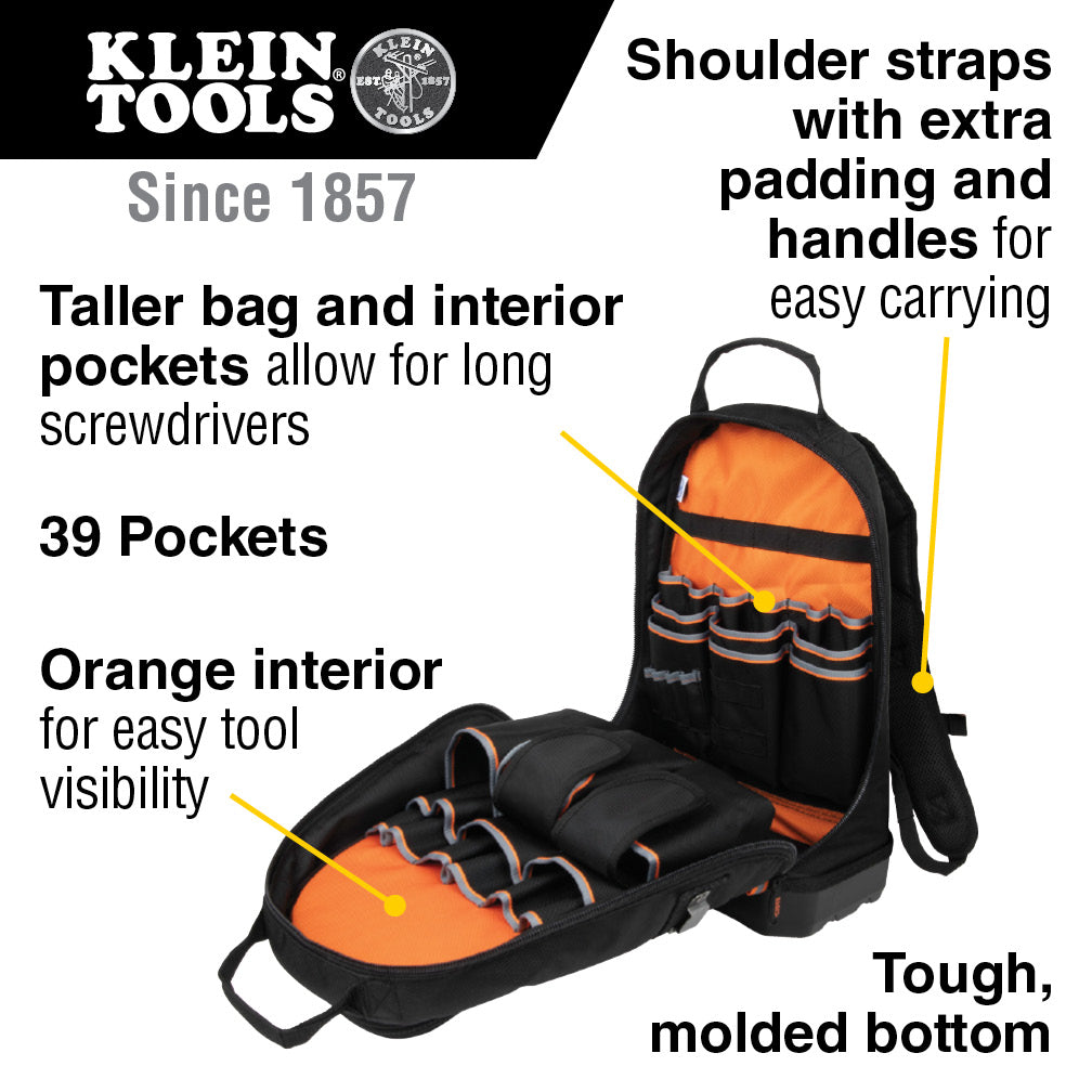 Klein Tools Tradesman Pro™ Tool Bag Backpack, 39 Pockets, Black, 14-Inch