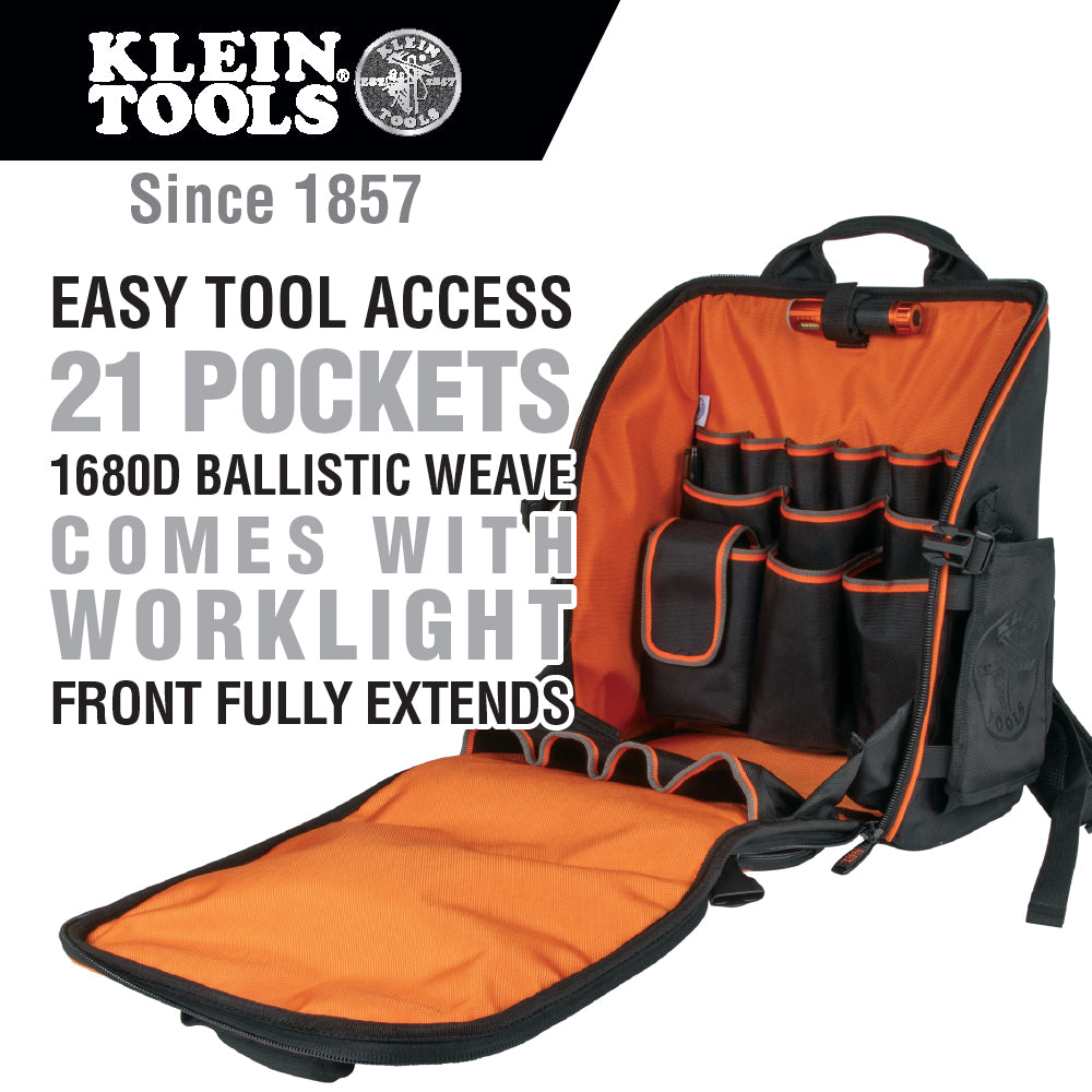 Klein Tools Tradesman Pro Tool Station Tool Bag Backpack with Built-In Work Light
