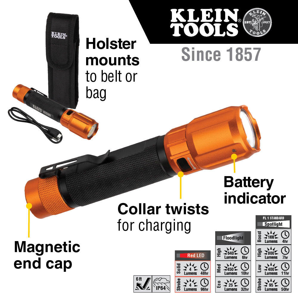 Klein Tools Rechargeable 2-Color LED Flashlight with Holster