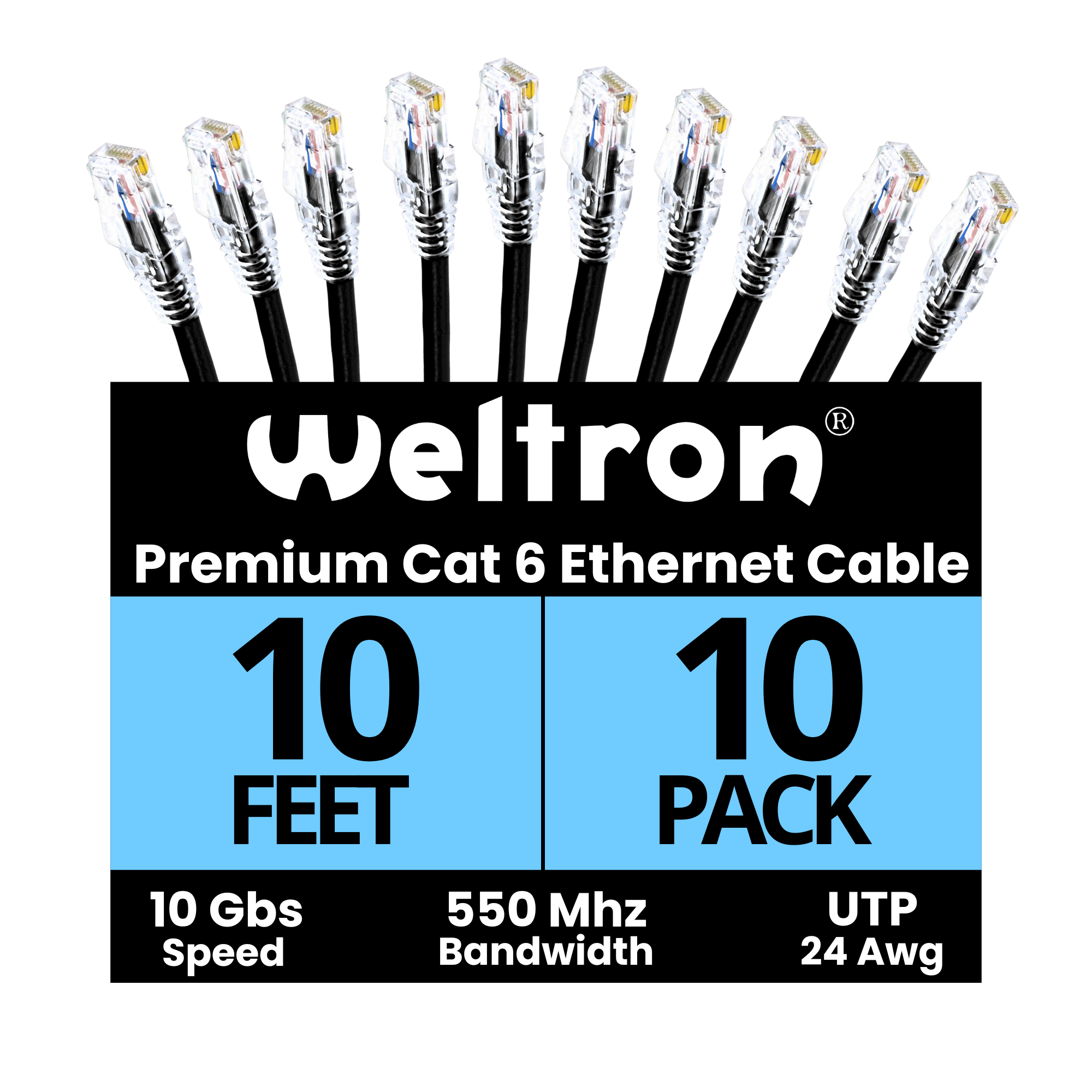 10-Pack Snagless Cat 6 Ethernet Cable - 10ft, Cat 6 Cable, Cat6 Cord, Ethernet Cord, Black
