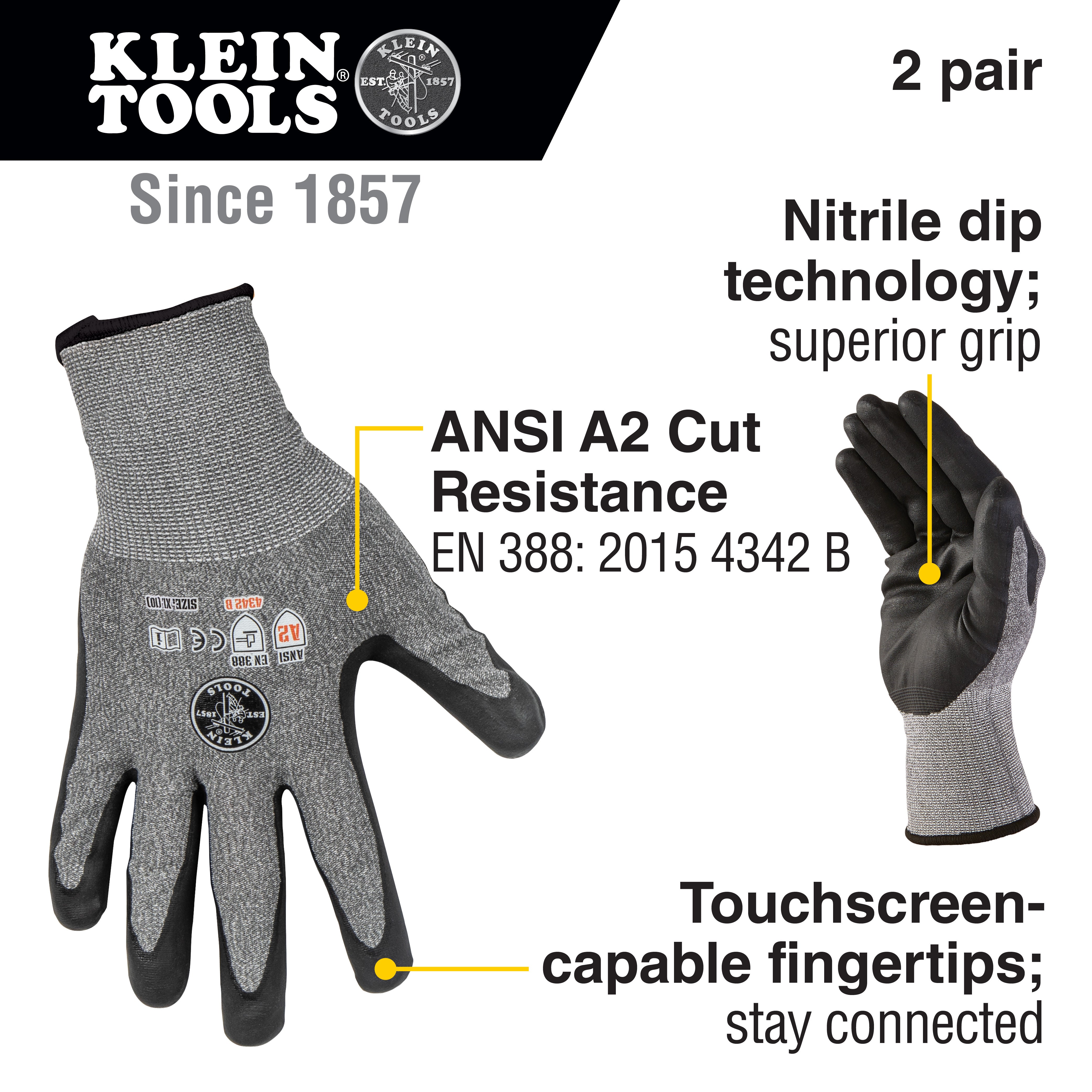 Klein Tools Work Gloves, Cut Level 2, Touchscreen, X-Large, 2-Pair