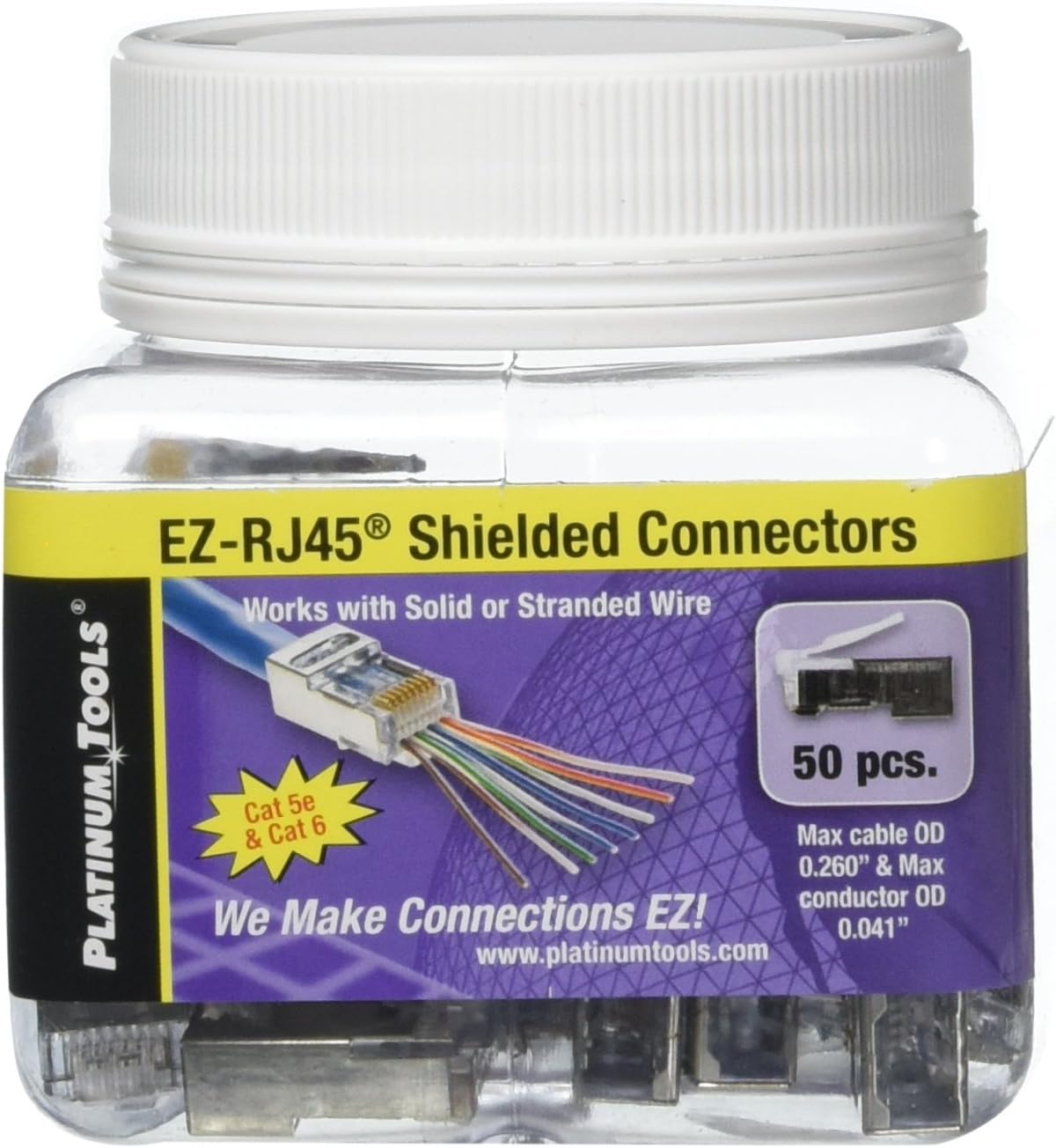 Platinum Tool EZ-RJ45 Shielded CAT5/6 Internal Ground 50pcs Jar