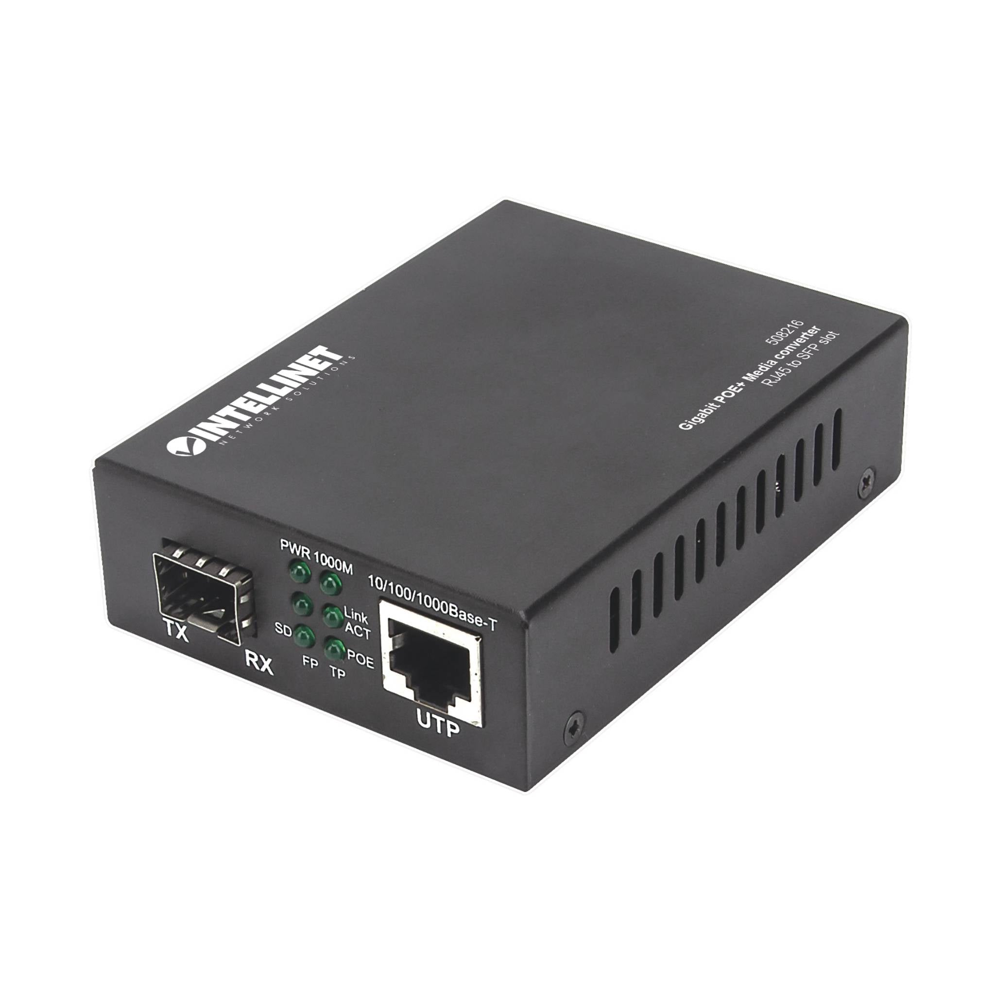 Intellinet High-Speed Gigabit POE+ Media Converter with 1 x 10/100/1000Base-T RJ45 Port and 1 X SFP Port