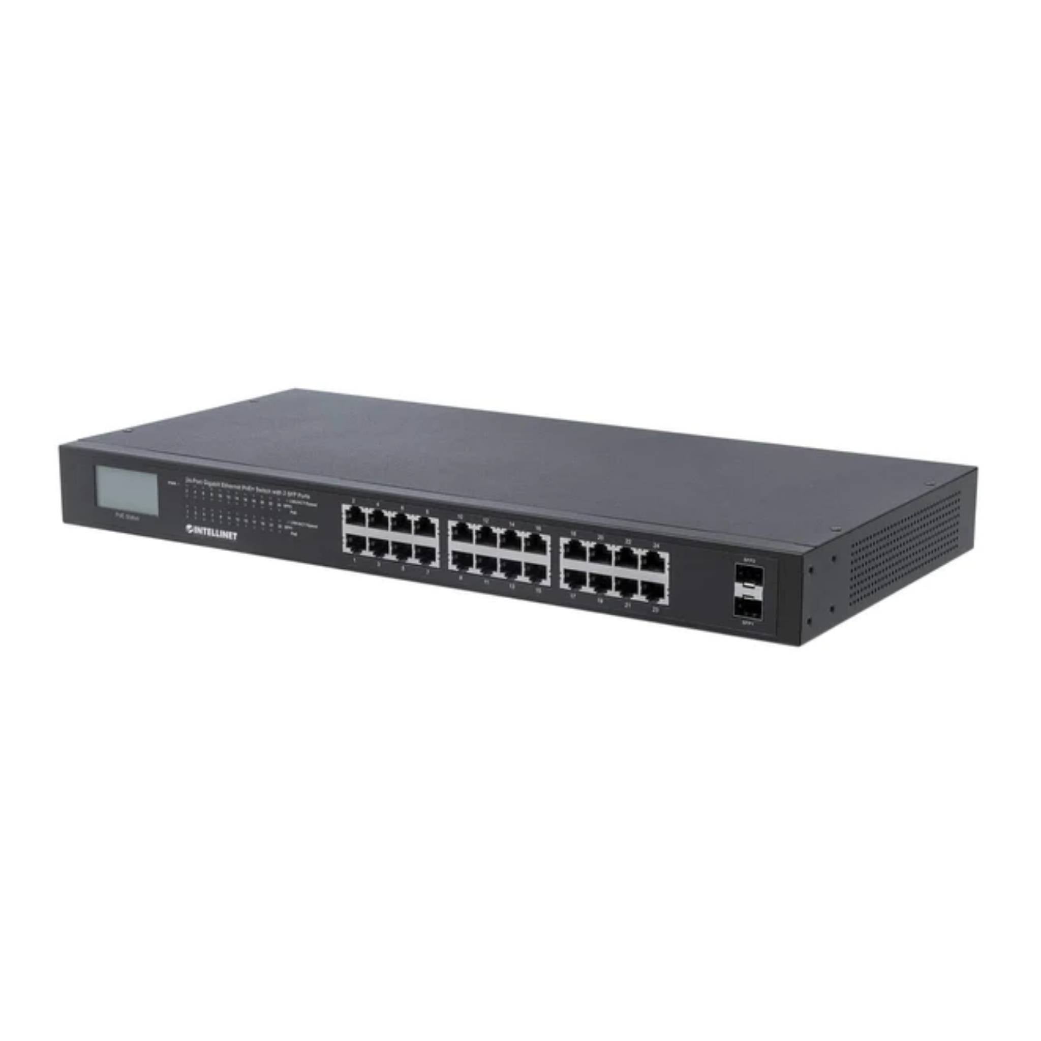 Intellinet 24-Port Gigabit Ethernet PoE+ Switch with 2 SFP Ports and LCD Screen