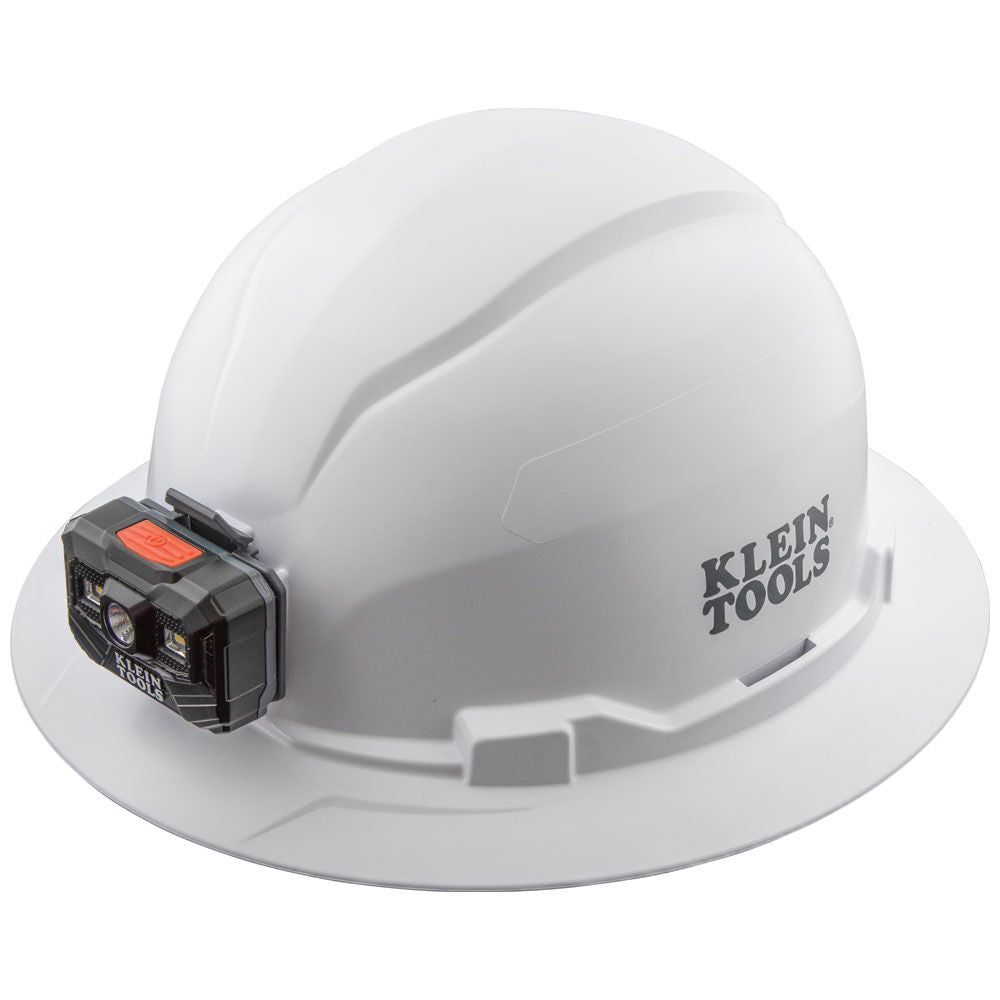 Klein Tools Hard Hat, Non-Vented, Full Brim with Rechargeable Headlamp, White