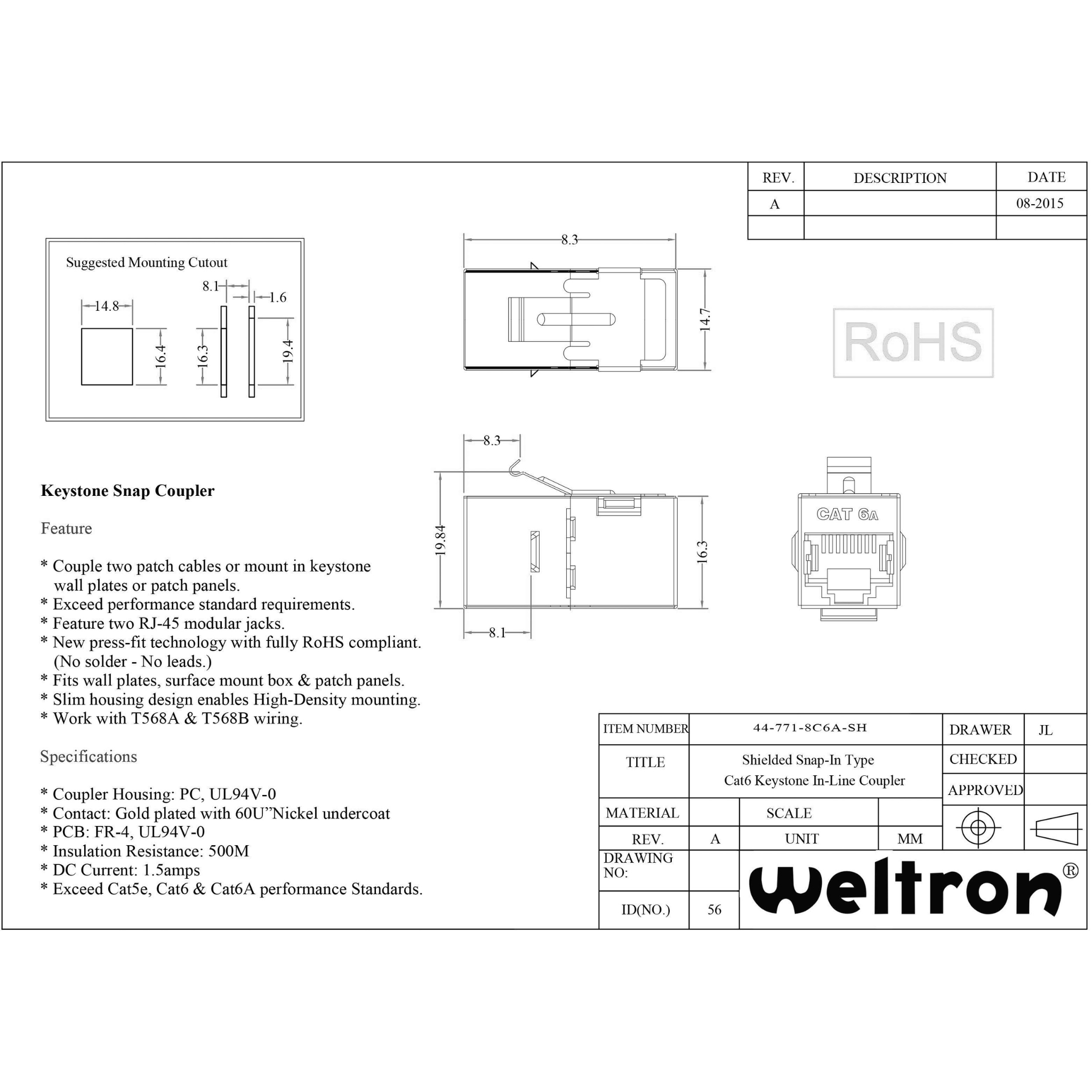 Weltron Cat6A Shielded Feedthrough Coupler Keystone Insert