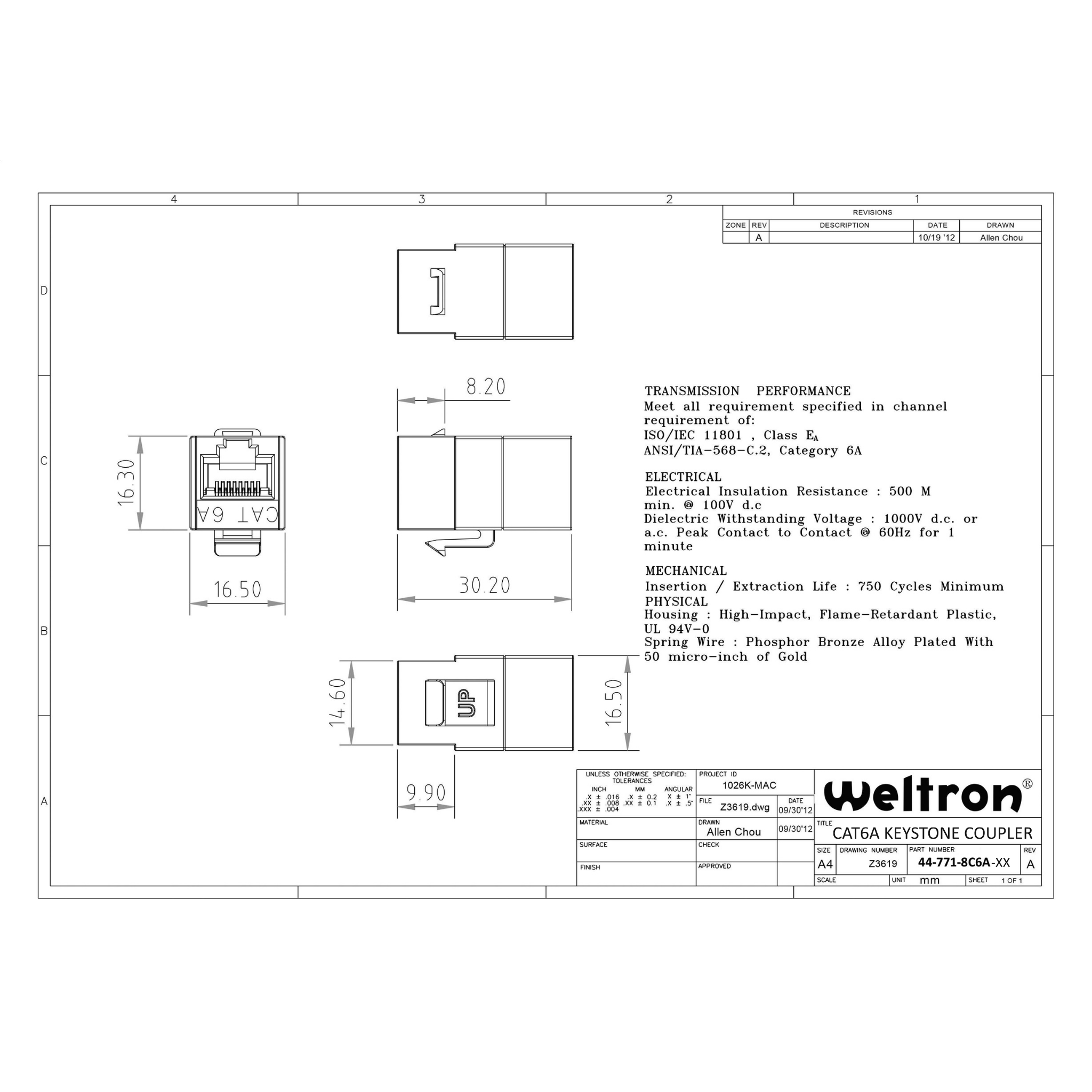 Weltron Cat6A Feedthrough Keystone Coupler; White