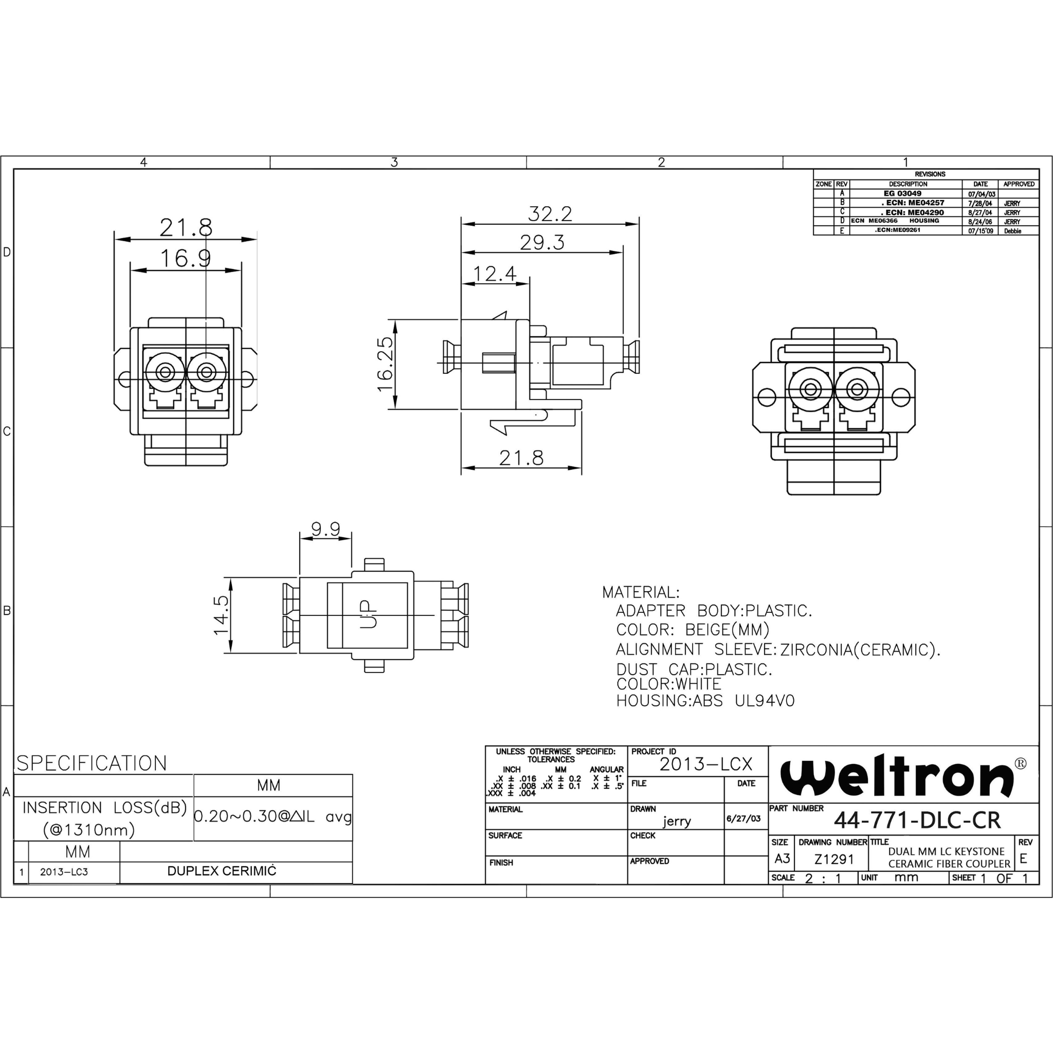 Weltron Duplex Multi-Mode LC/LC Keystone Fiber Coupler