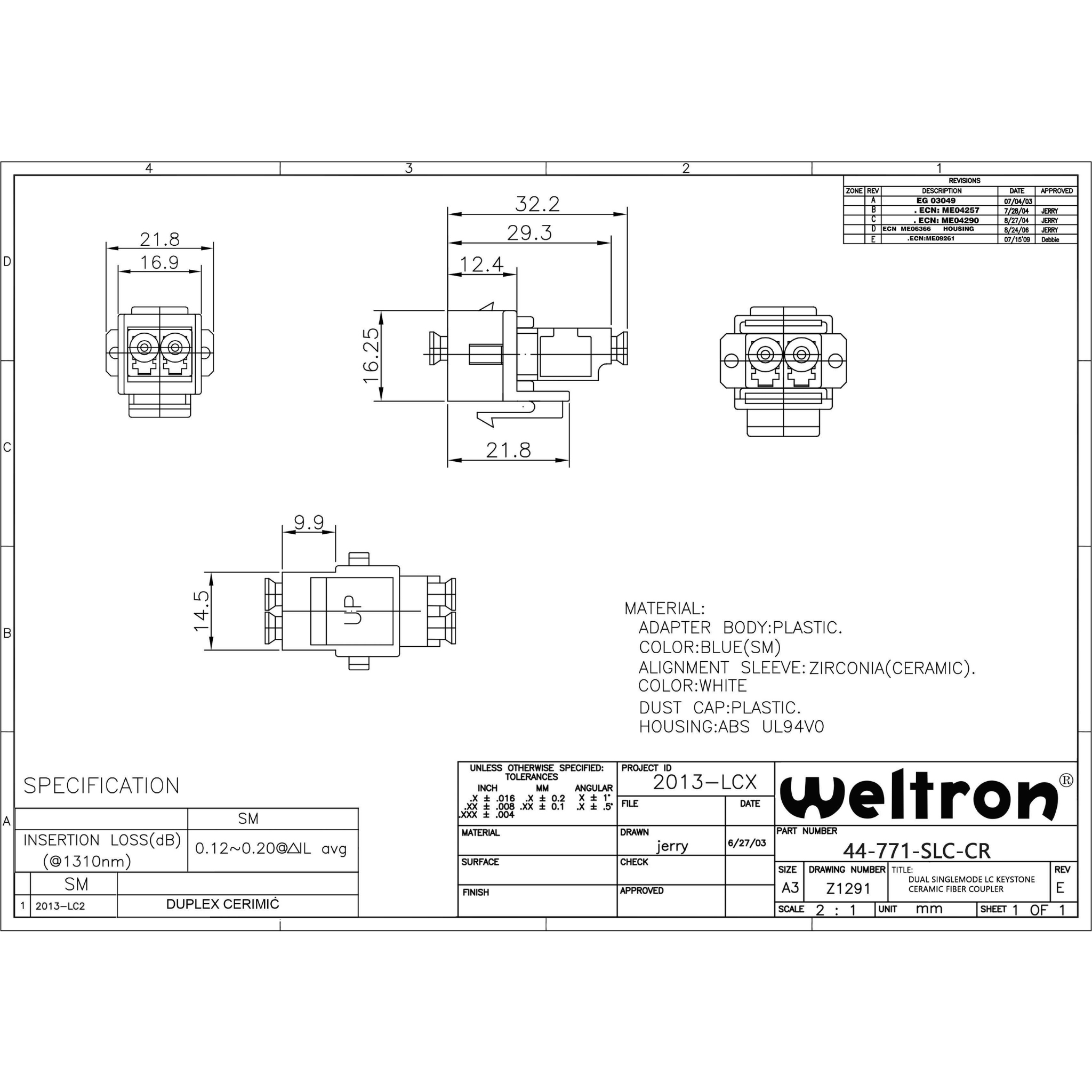 Weltron Duplex Single Mode LC/LC Keystone Fiber Coupler