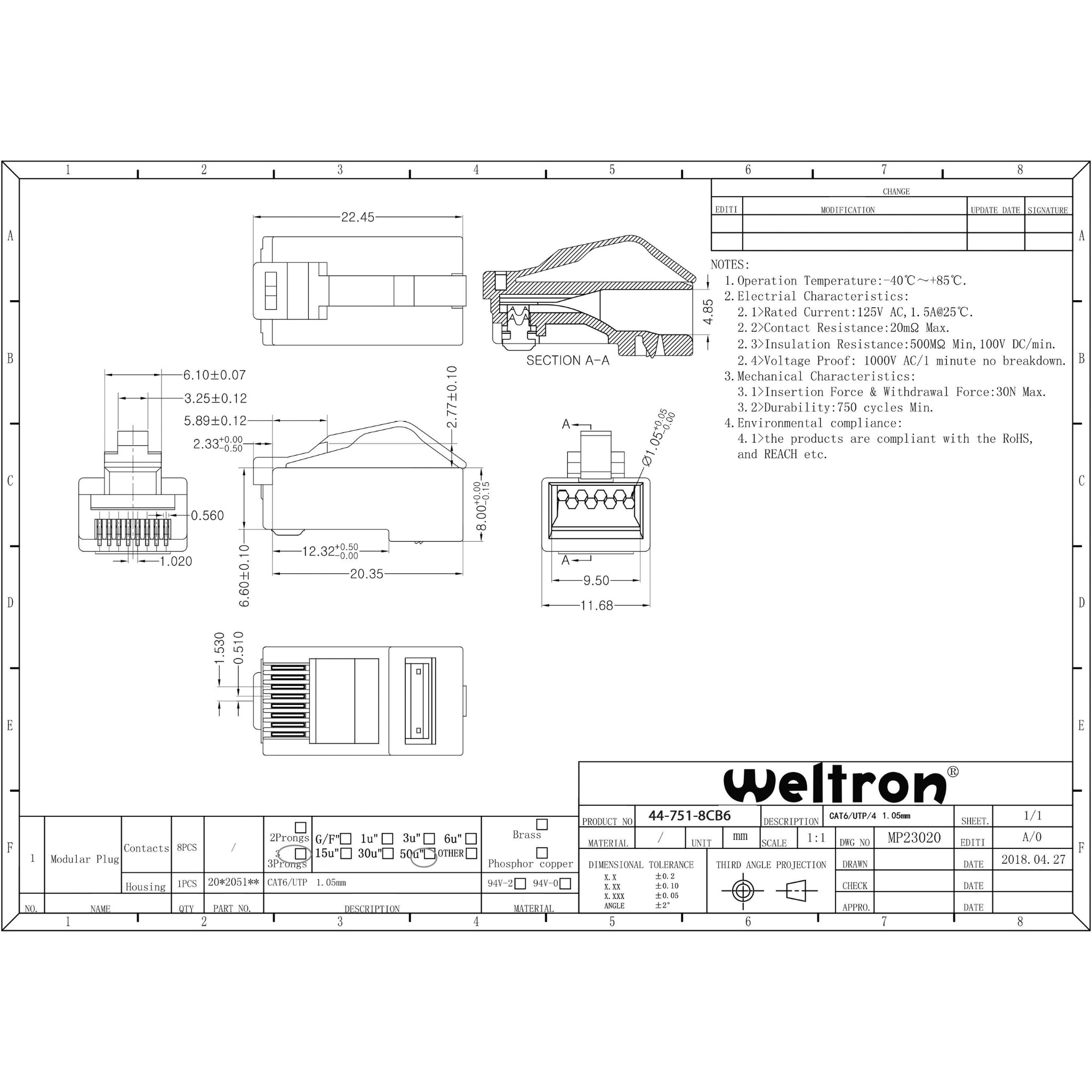 WELTRON 50PCS CAT6 RJ45 Plug A