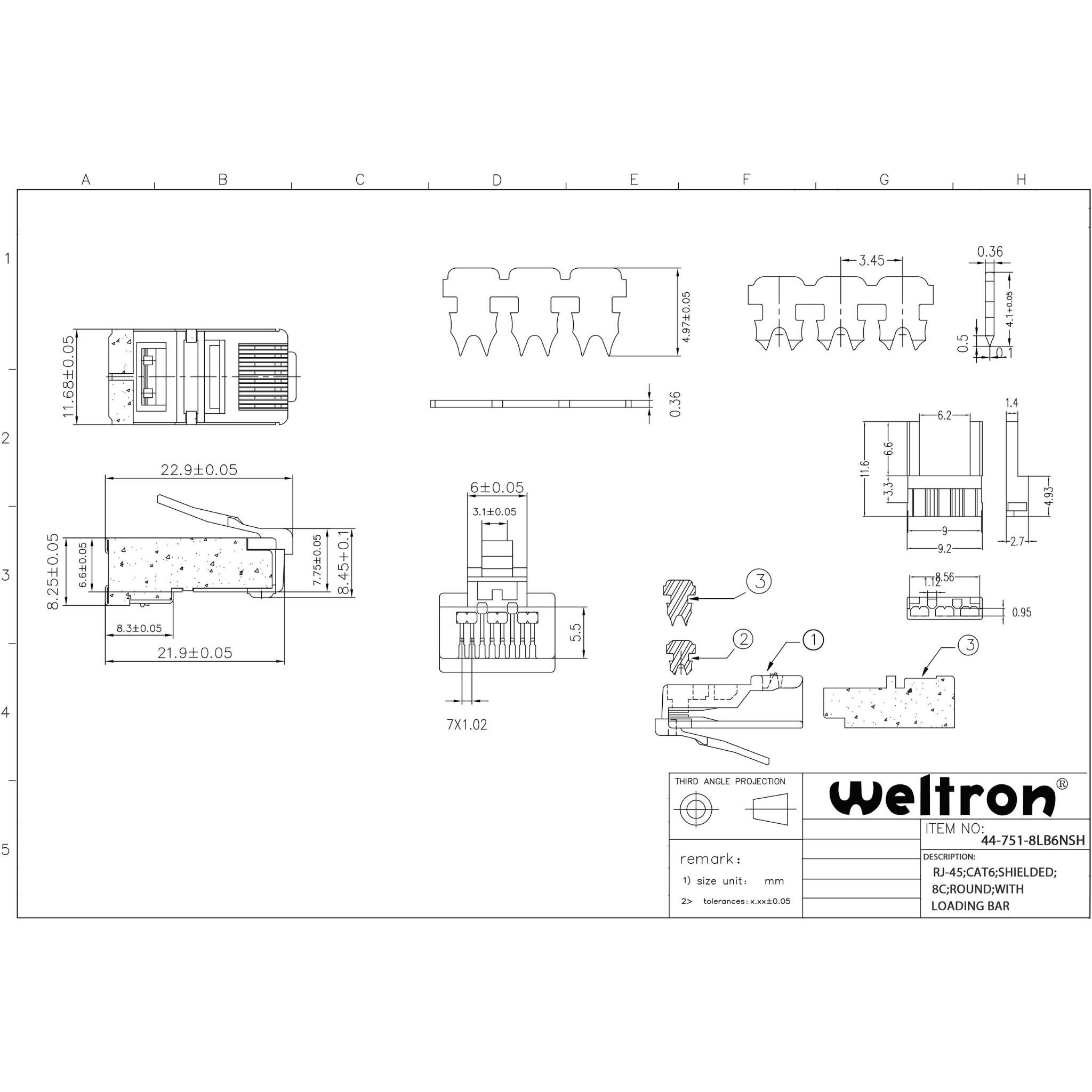 Weltron Category 6 Shielded RJ45 Modular Plug with Loading Bar for Solid Cable
