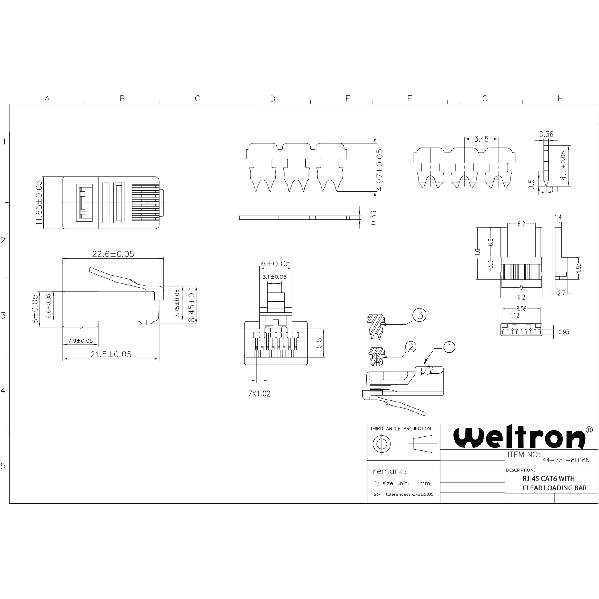 Weltron Category 6 RJ45 Modular Plug with Loading Bar for Solid Cable