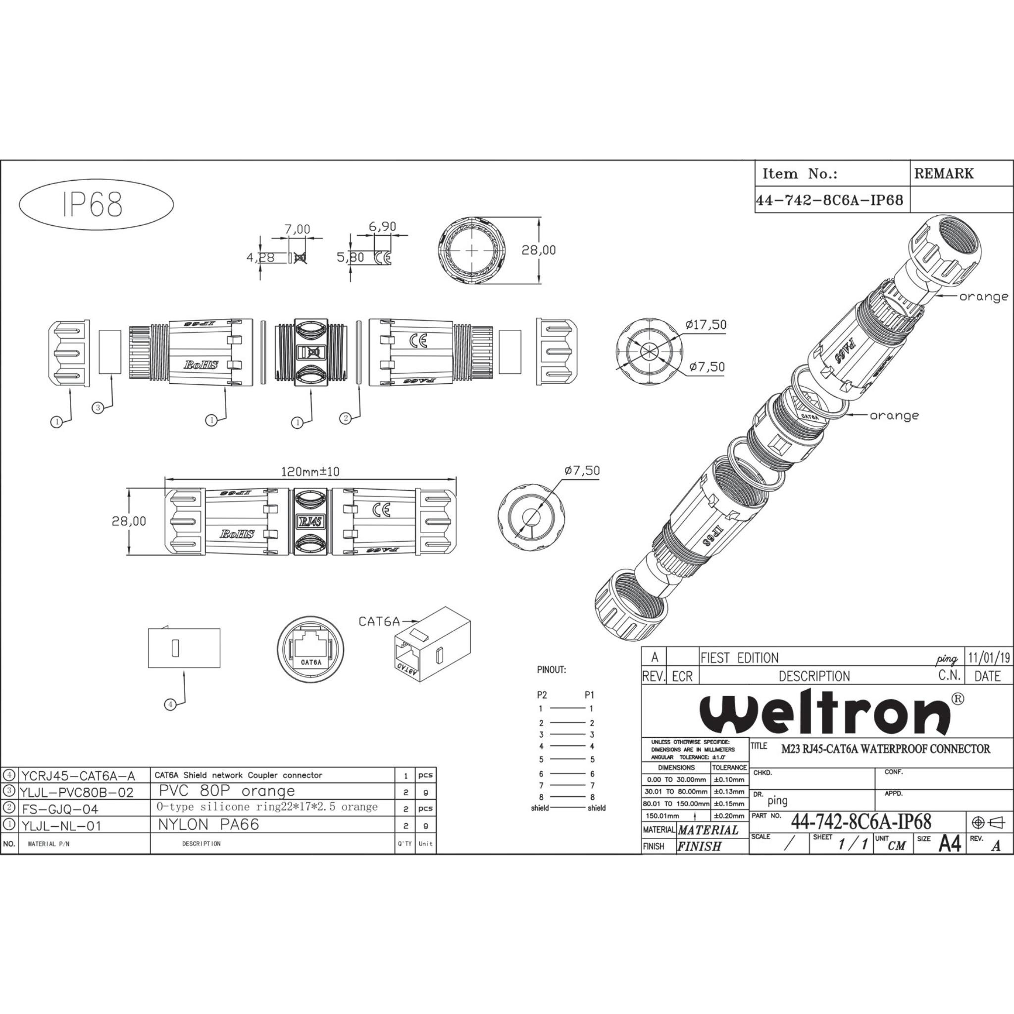 Weltron Category 6A Waterproof Inline Coupler