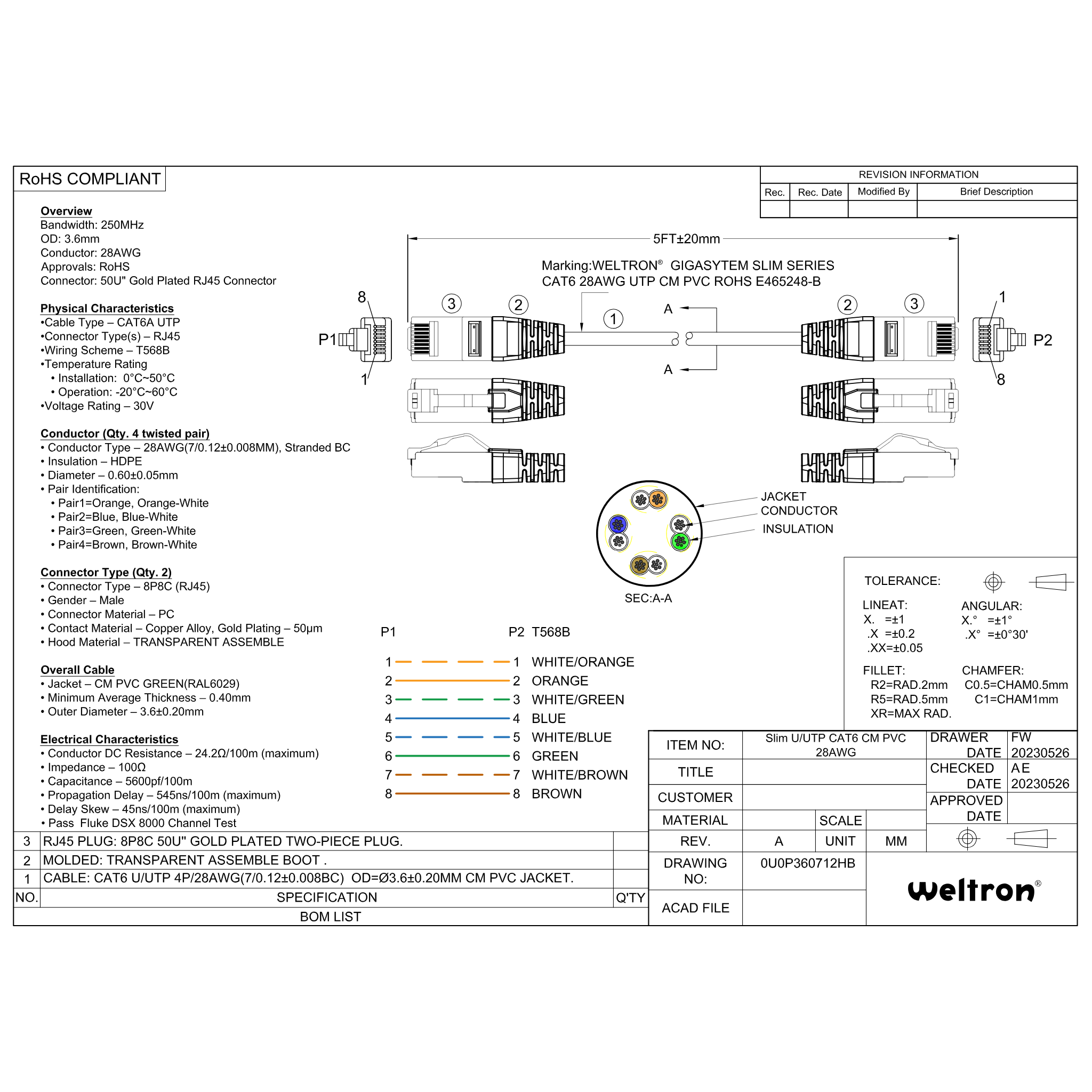 Category 6 Slim CM U/UTP 28AWG Patch Cable