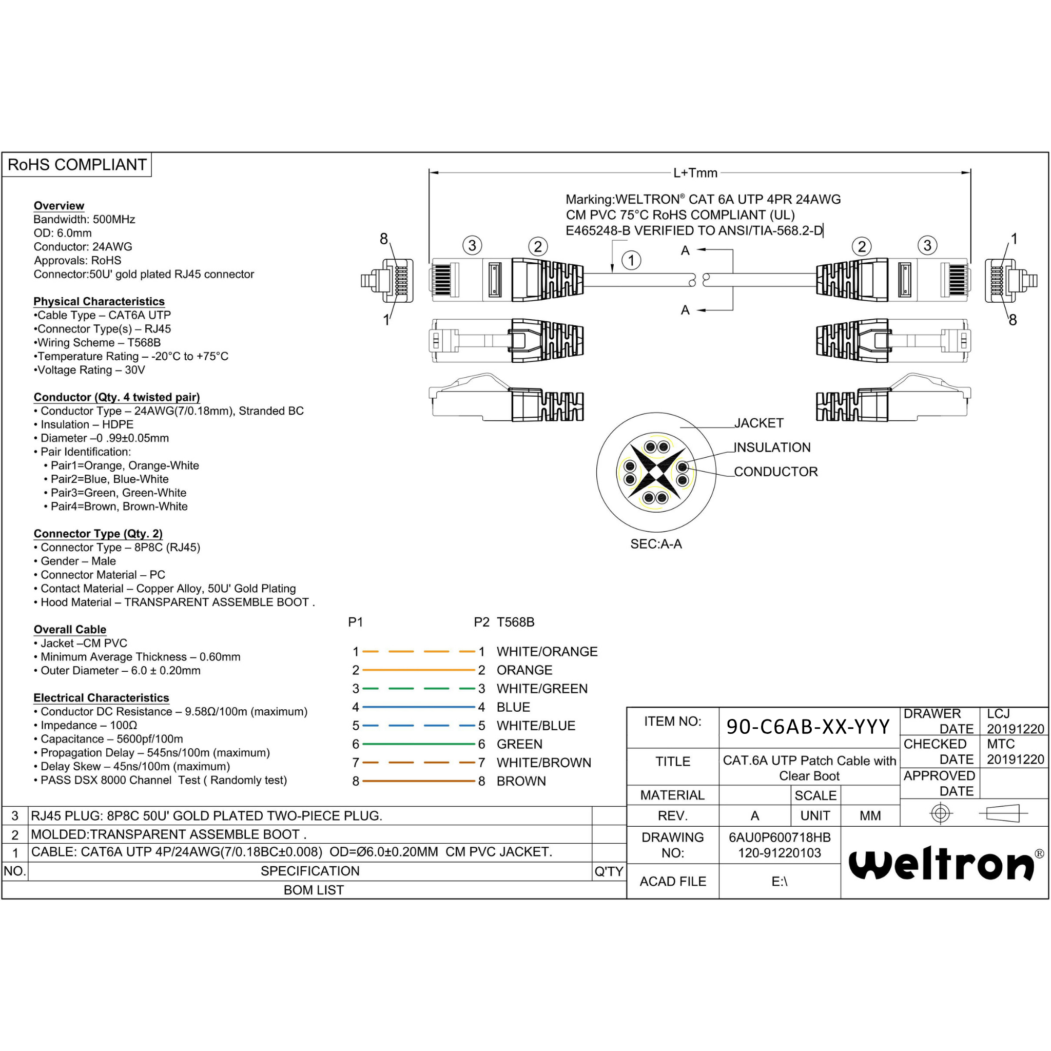 Category 6A CM U/UTP 24 AWG Patch Cable