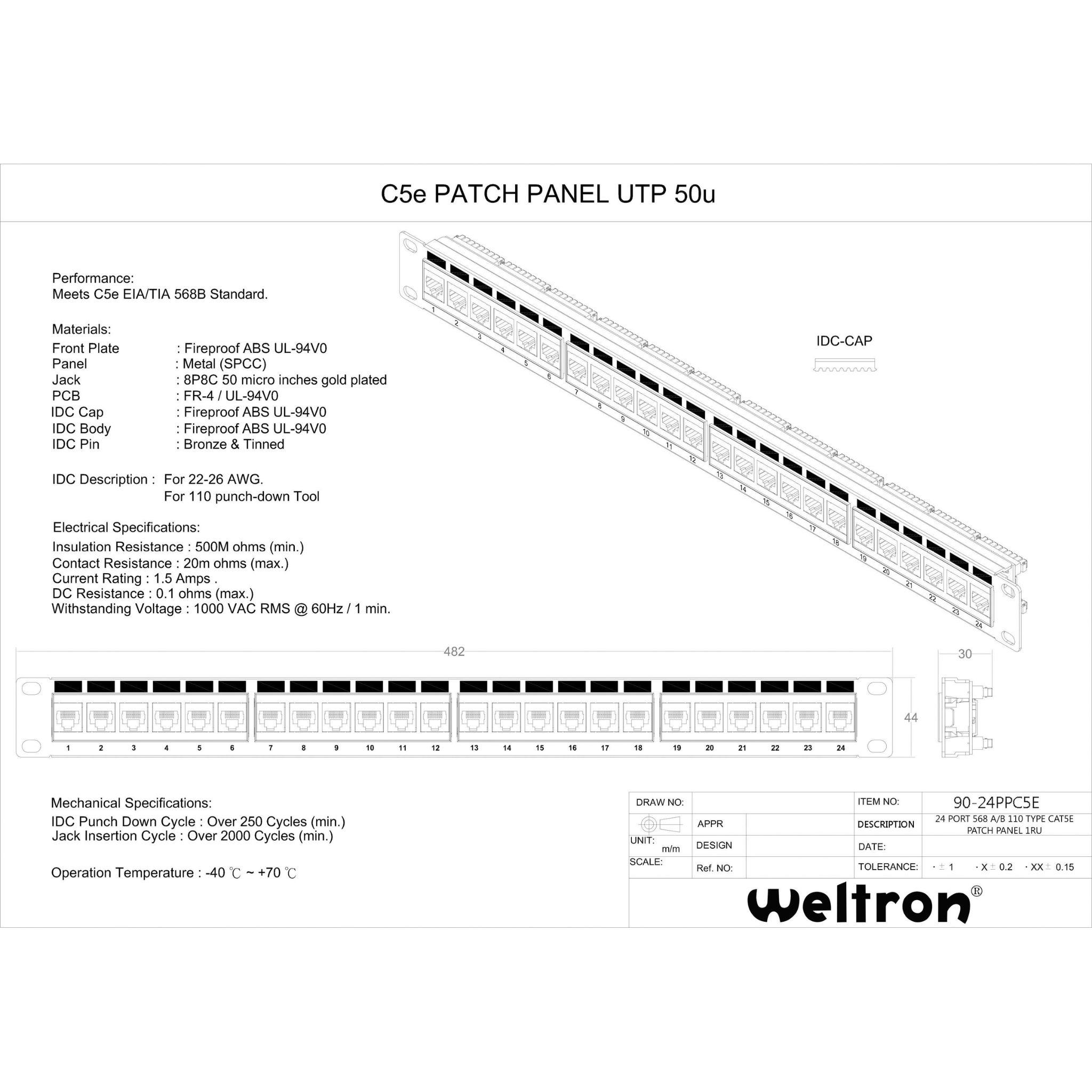 Weltron 24 Port CAT5E 110 Patch Panel