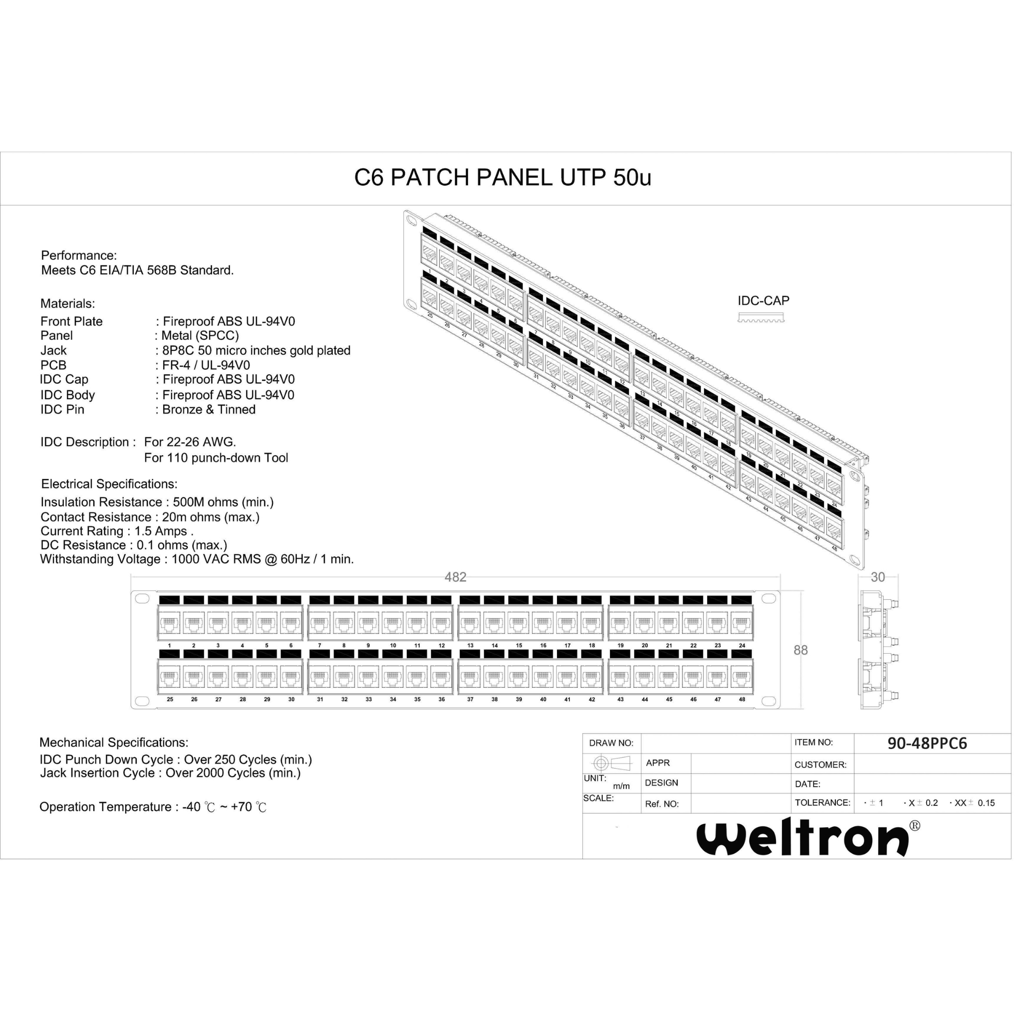 Weltron 48 Port Cat6 110 Patch Panel