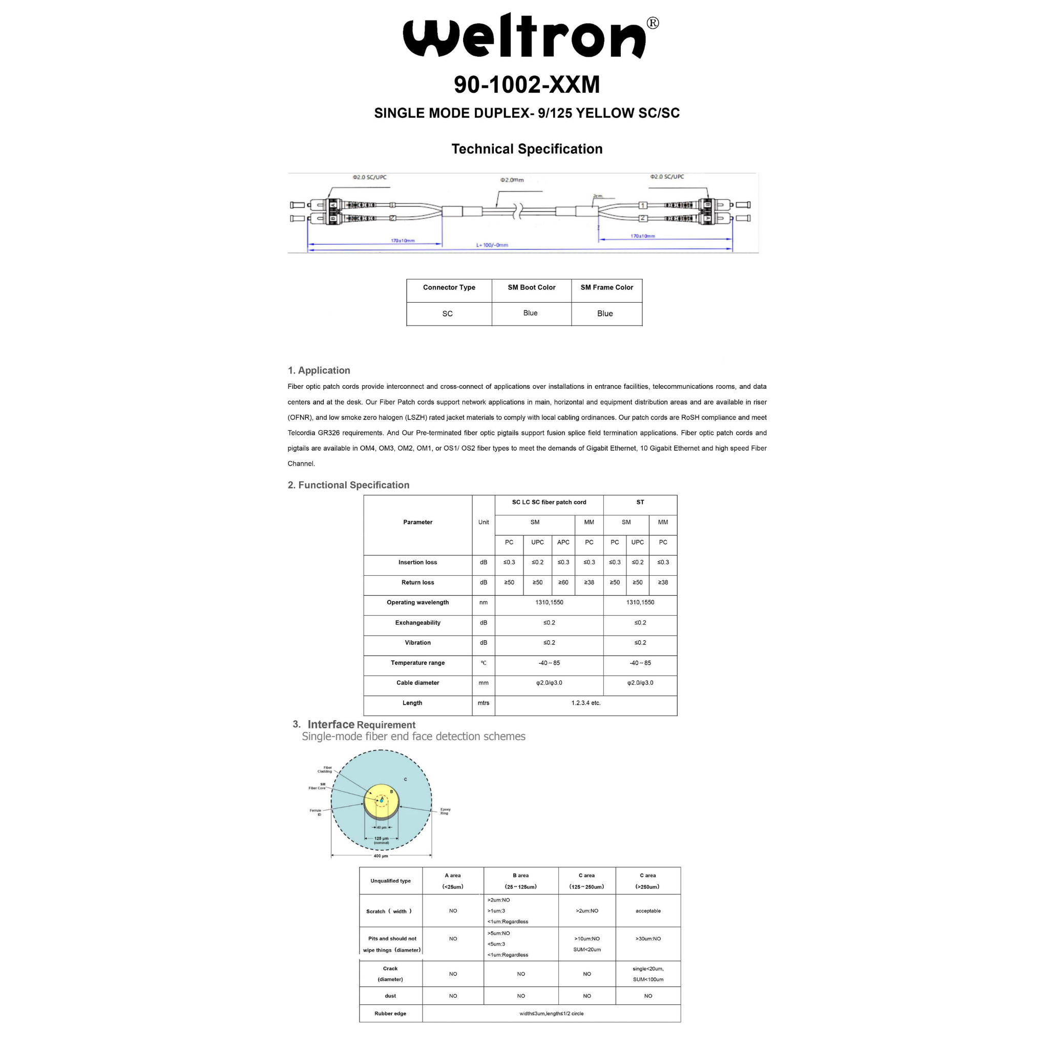 Weltron SC/SC 9/125 Single-mode OS1 Duplex Fiber Patch Cable
