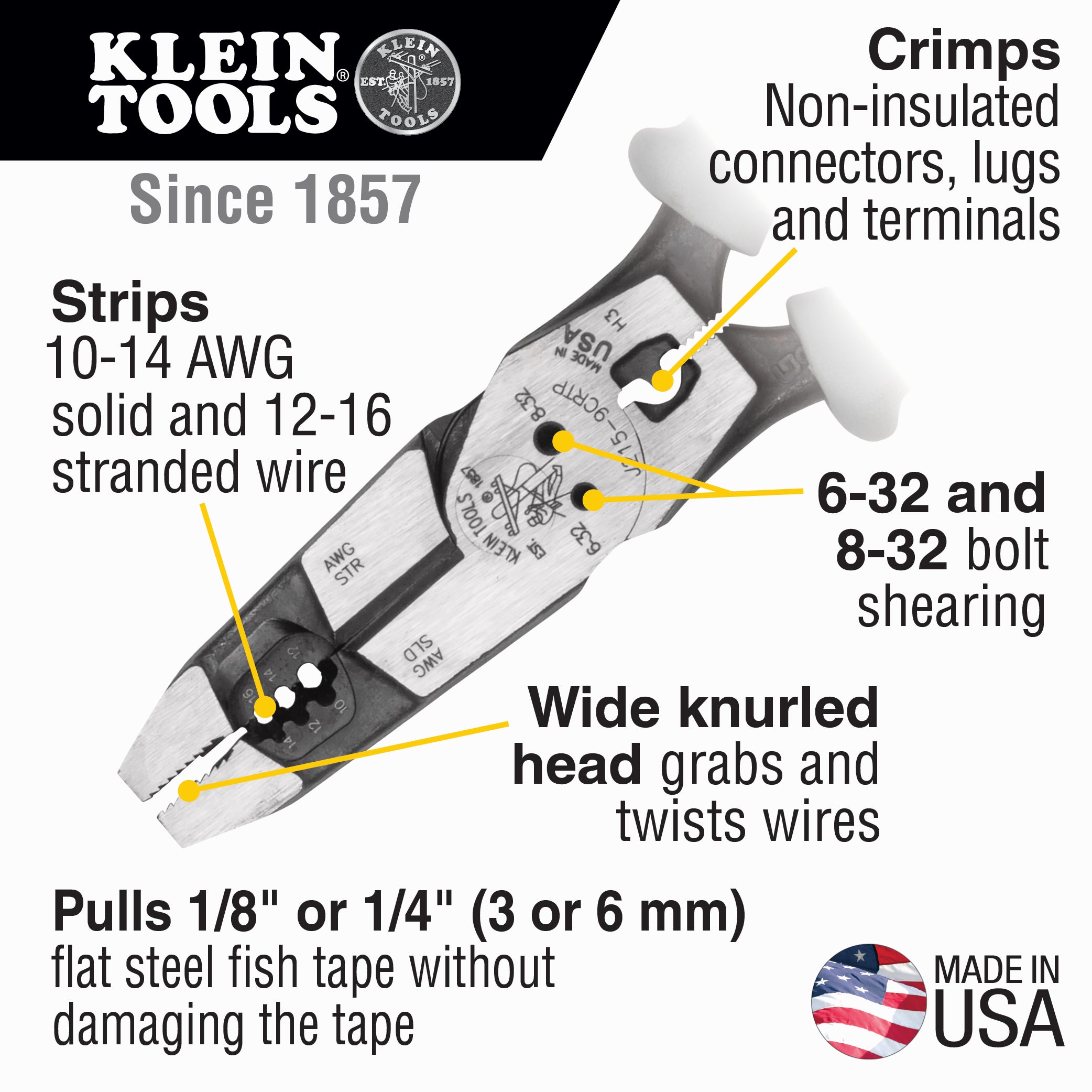 Klein Tools Hybrid Pliers with Crimper, Fish Tape Puller and Wire Stripper