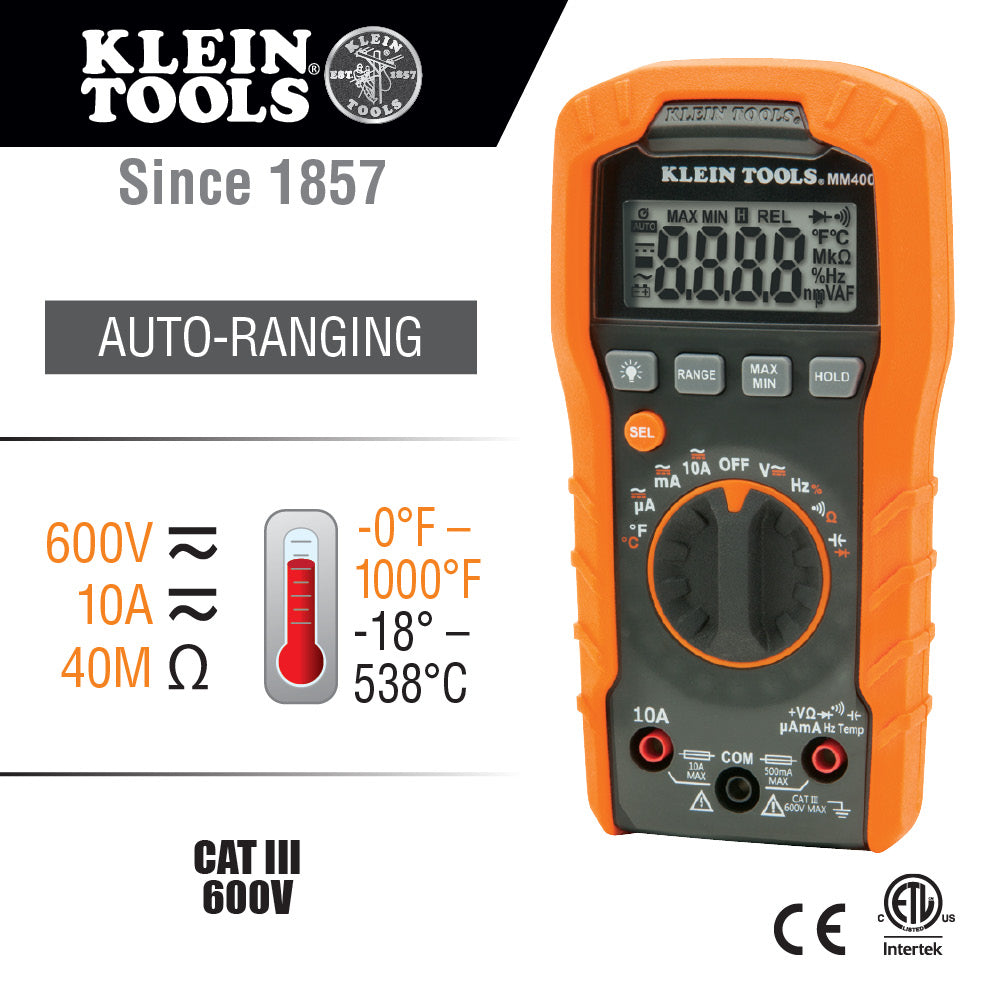 Klein Tools Digital Multimeter, Auto-Ranging, 600V