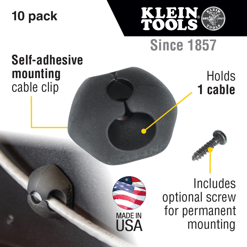Klein Tools Self-Adhesive Cable Mounting Clips, 1 Slot (10-Pack)