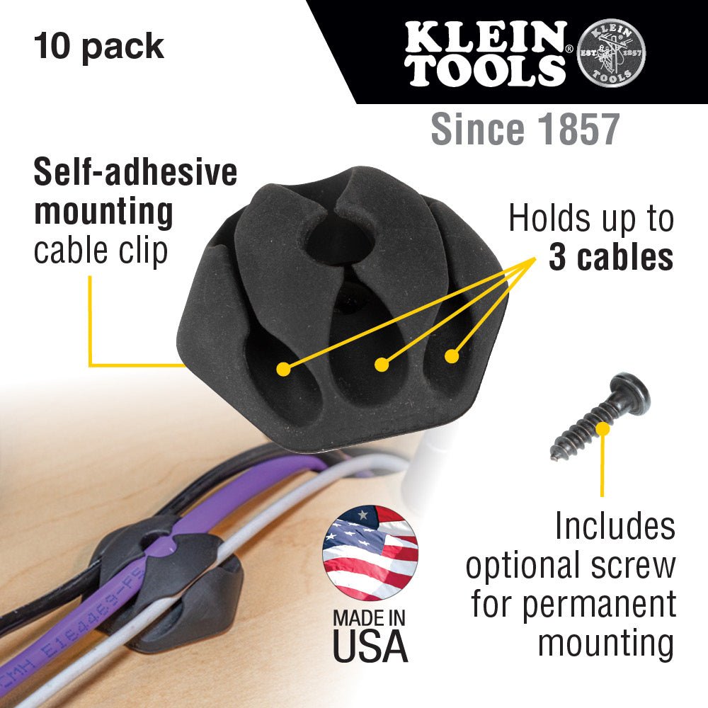 Klein Tools Self-Adhesive Cable Mounting Clips, 3-Slot (10-Pack)