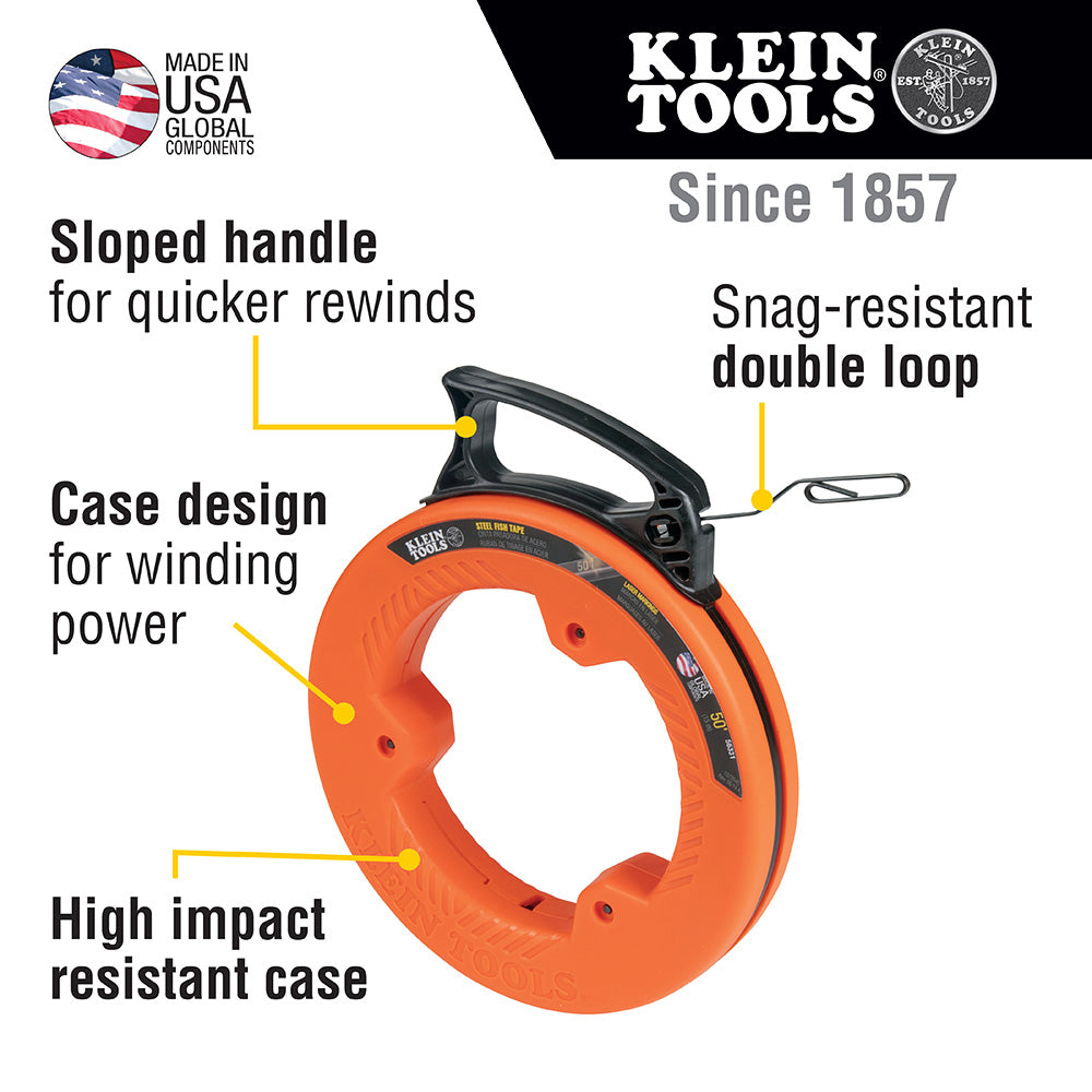 Klein Tools Steel Fish Tape, 1/8-Inch x 50-Foot