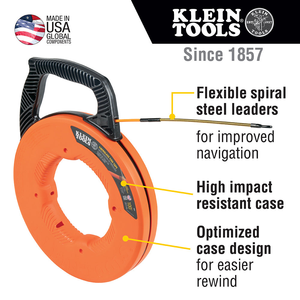 Klein Tools Fiberglass Fish Tape with Spiral Steel Leader, 100-Foot