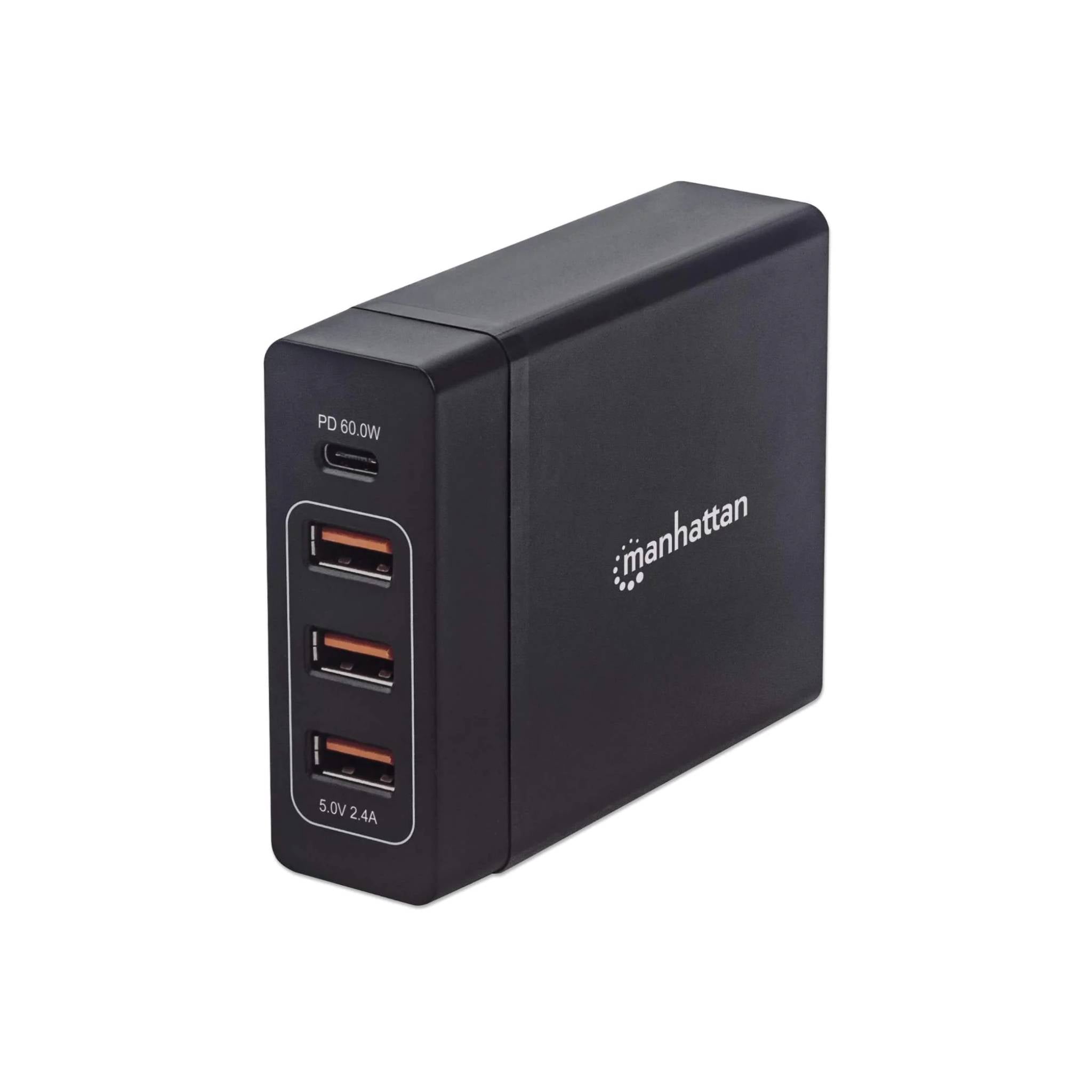 High-Speed USB Charger: One USB-C Port with 60W Power Delivery and Three USB-A Ports with Total 12W Output