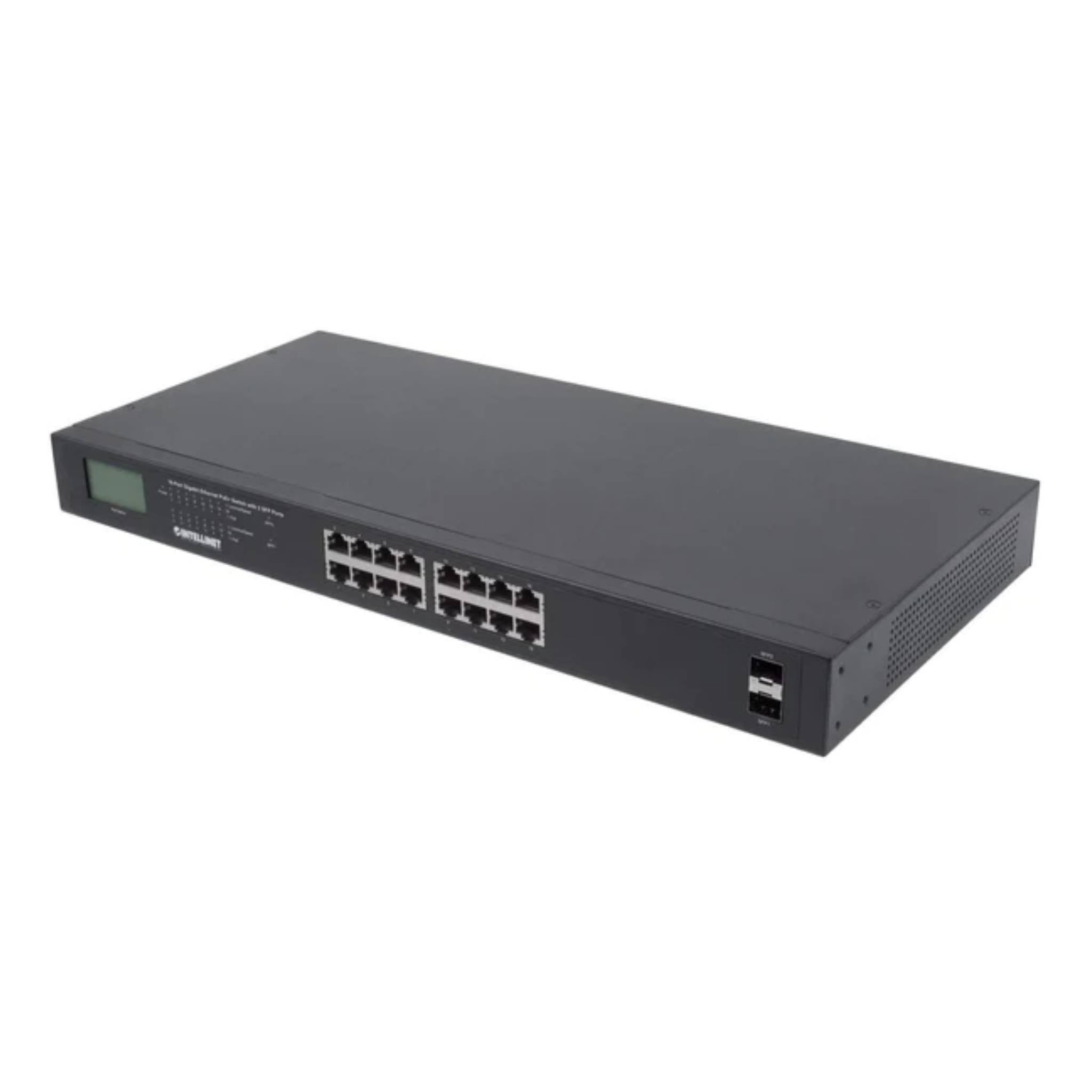 Intellinet 16-Port Gigabit Ethernet PoE+ Switch with 2 SFP Ports and LCD Screen Rack Mountable