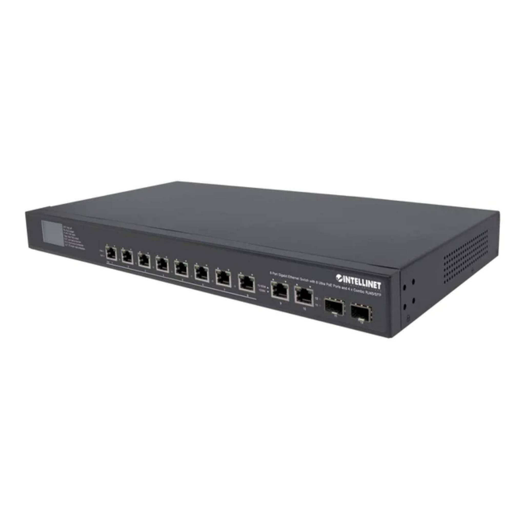 Intellinet 8-Port Gigabit Ethernet 380W PoE+ Switch with 4 Uplink Ports and LCD Screen