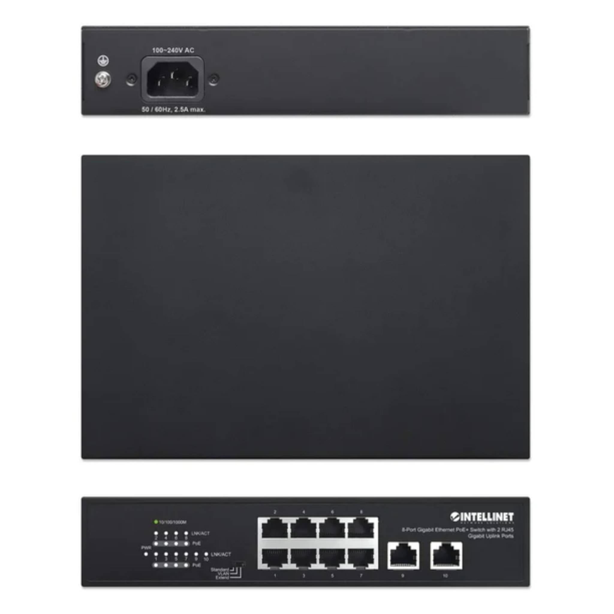 Intellinet 8-Port Gigabit Ethernet PoE+ Switch with 2 RJ45 Gigabit Uplink Ports
