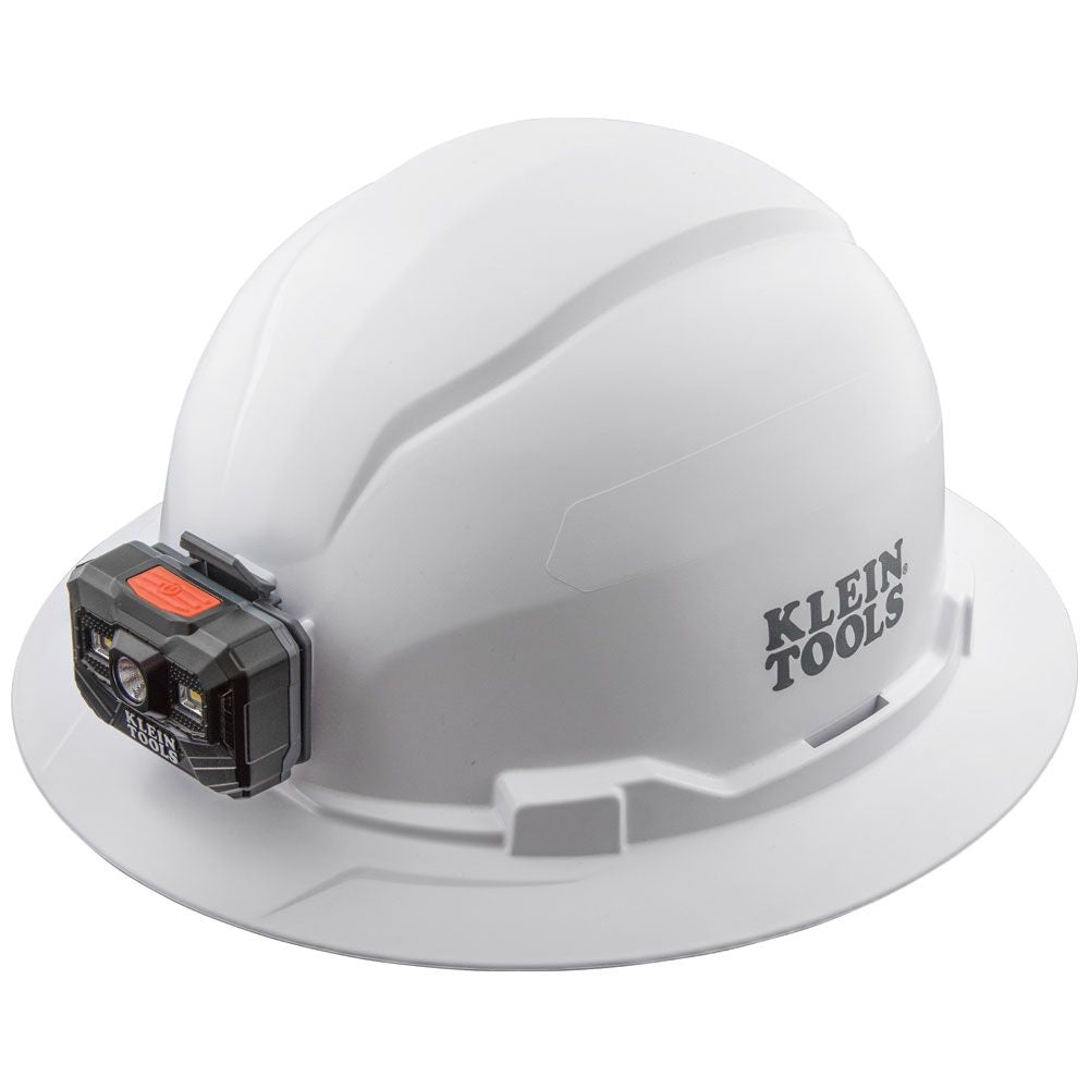 Hard Hat, Non-Vented, Full Brim with Rechargeable Headlamp, White - Klein Tools