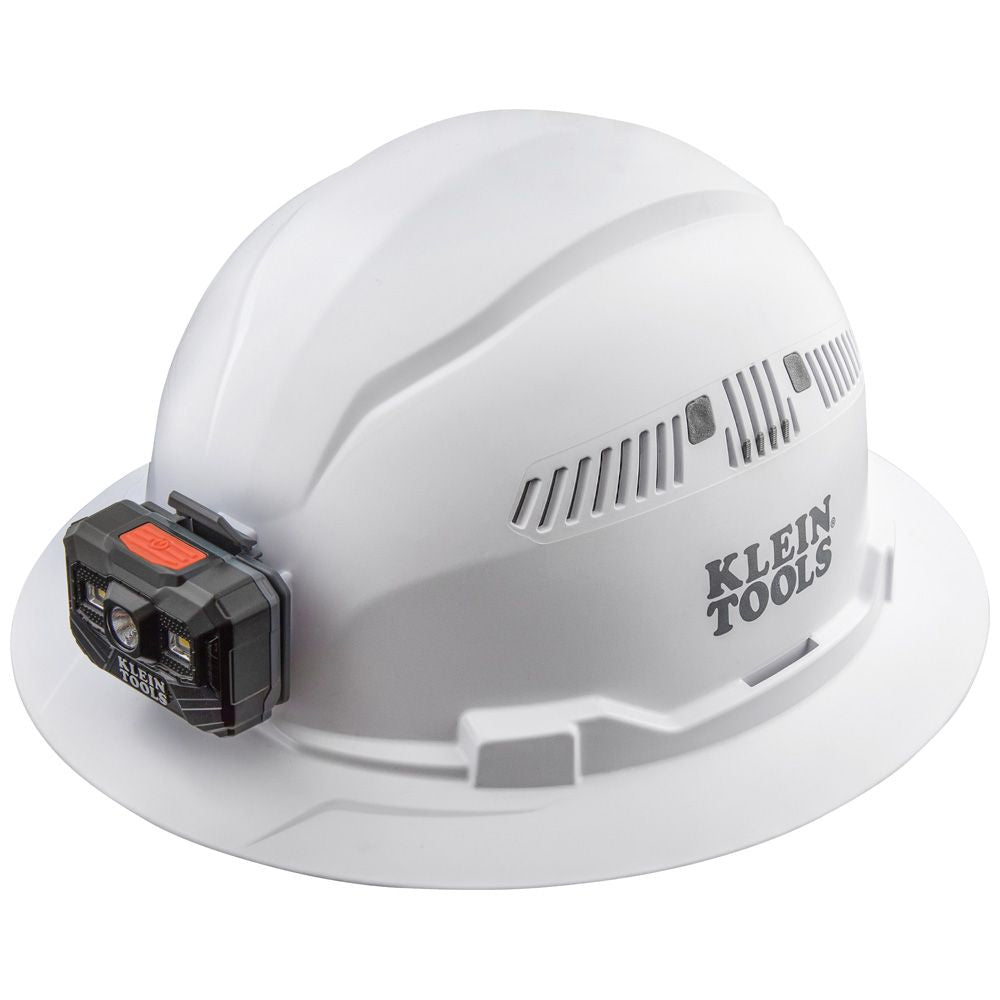 Klein Tools Hard Hat, Vented, Full Brim with Rechargeable Headlamp, White