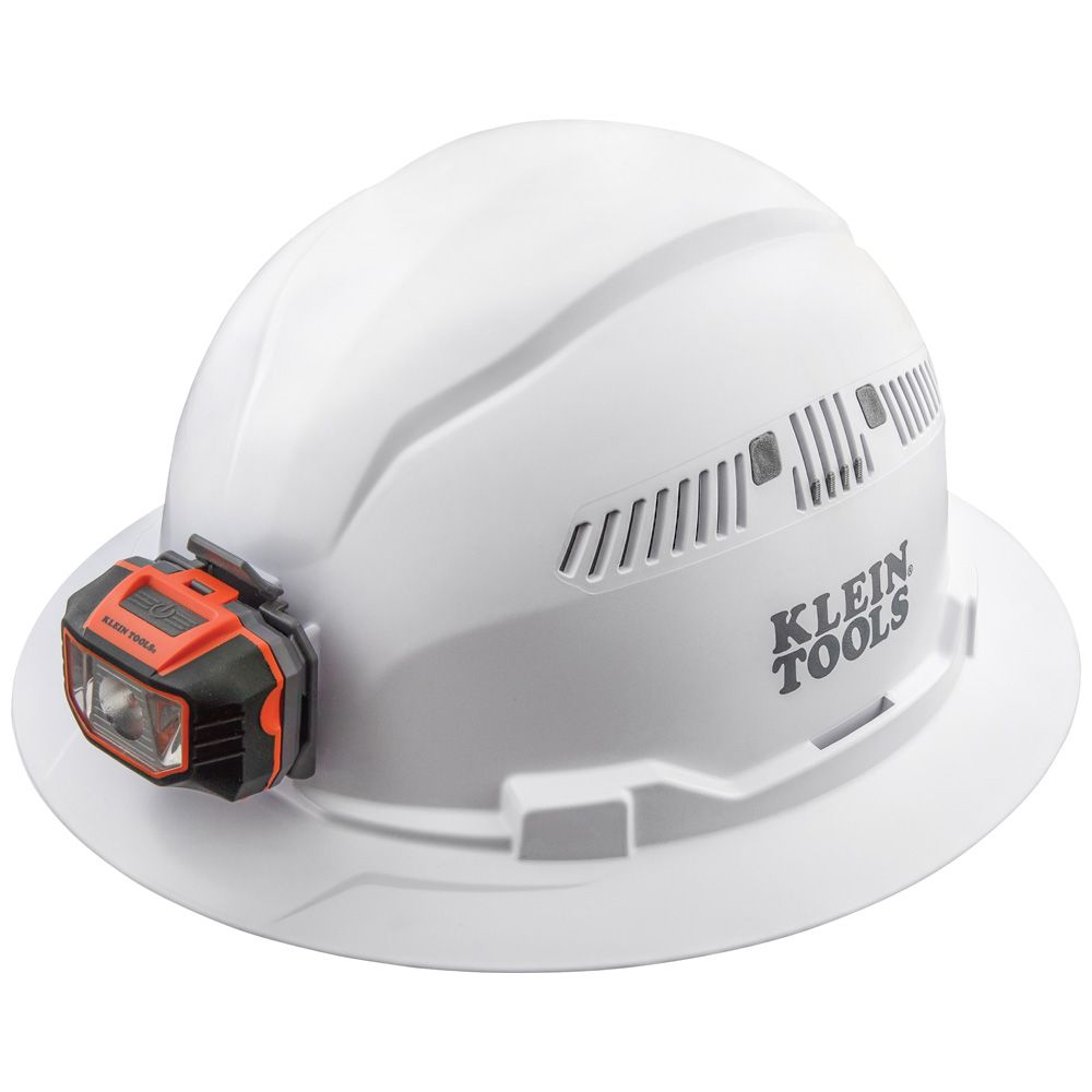 Hard Hat, Vented, Full Brim with Headlamp, White - Klein Tools