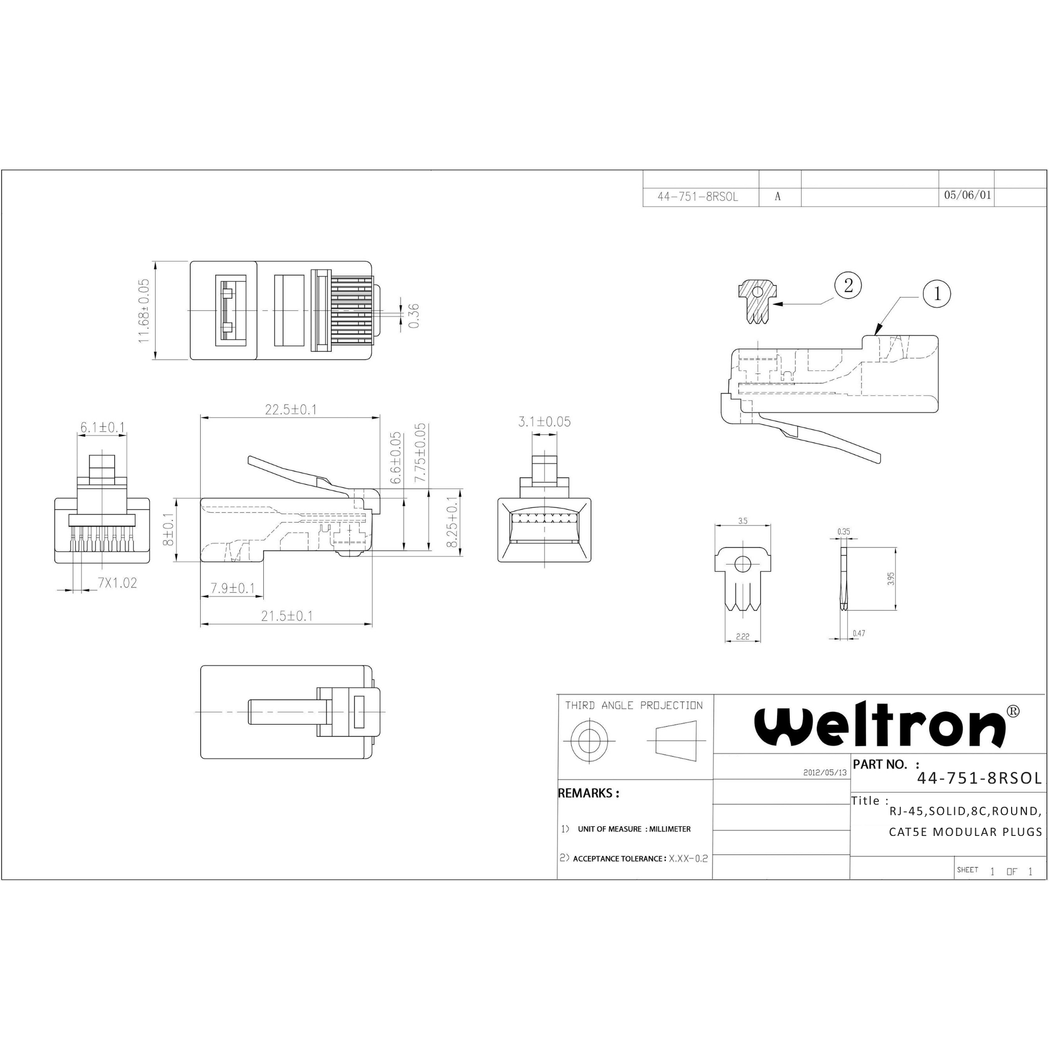 Weltron Category 5e RJ45 Modular Plug for Round Solid Cable