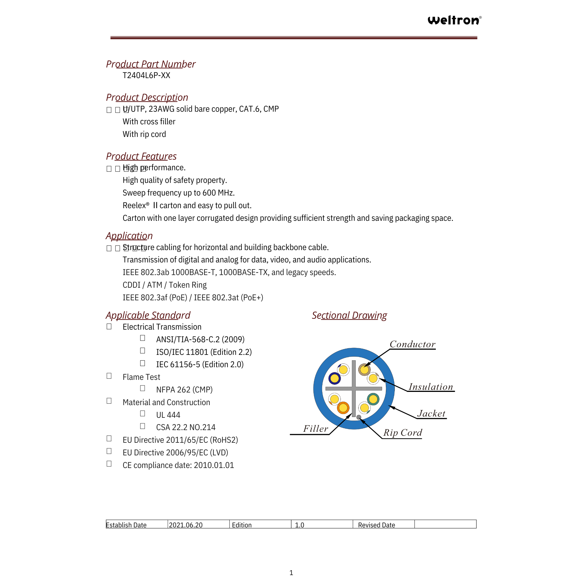 Weltron Blue Category 6 Solid 23AWG U/UTP CMP (Plenum)