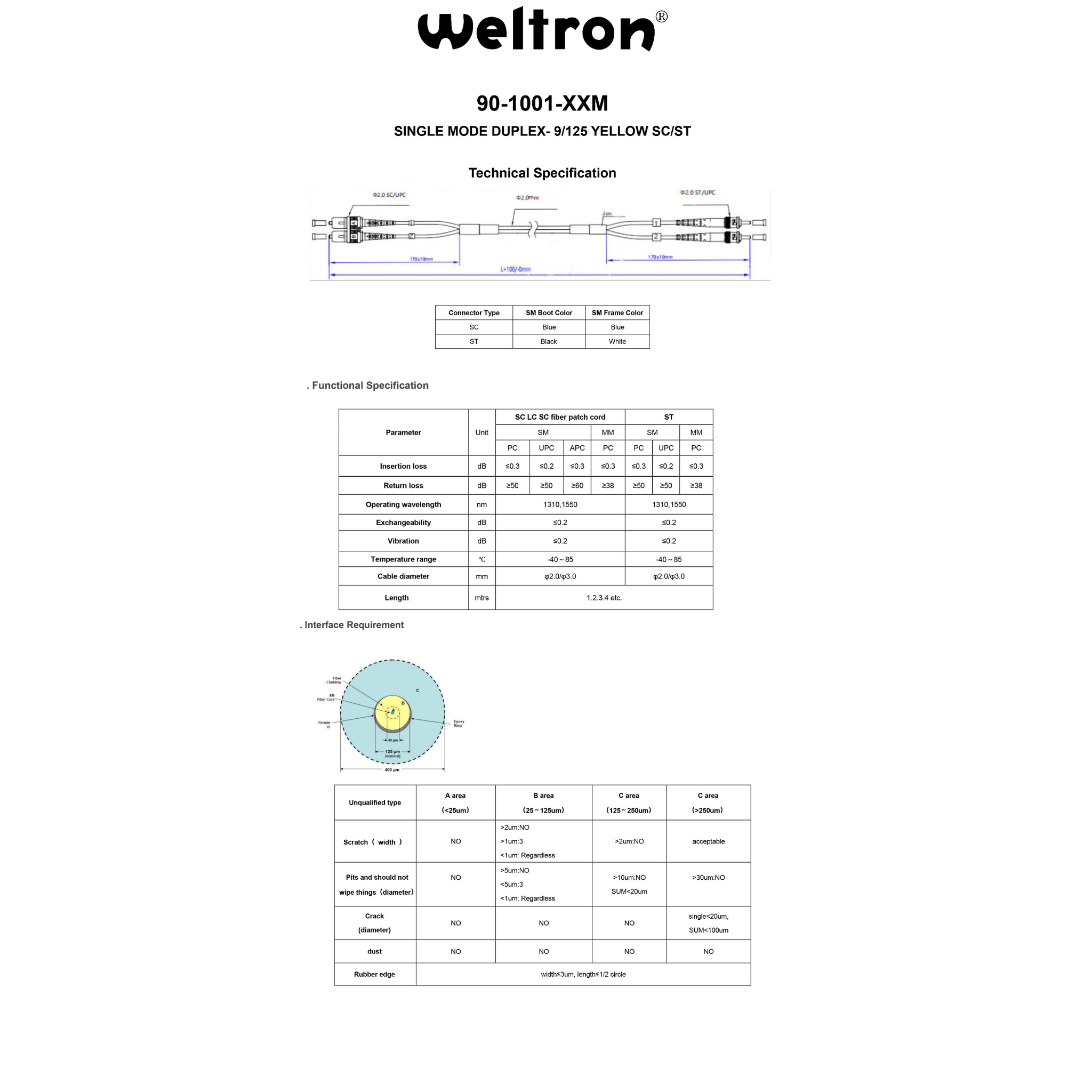 Weltron SC/ST 9/125 Single-mode OS1 Duplex Fiber Patch Cable