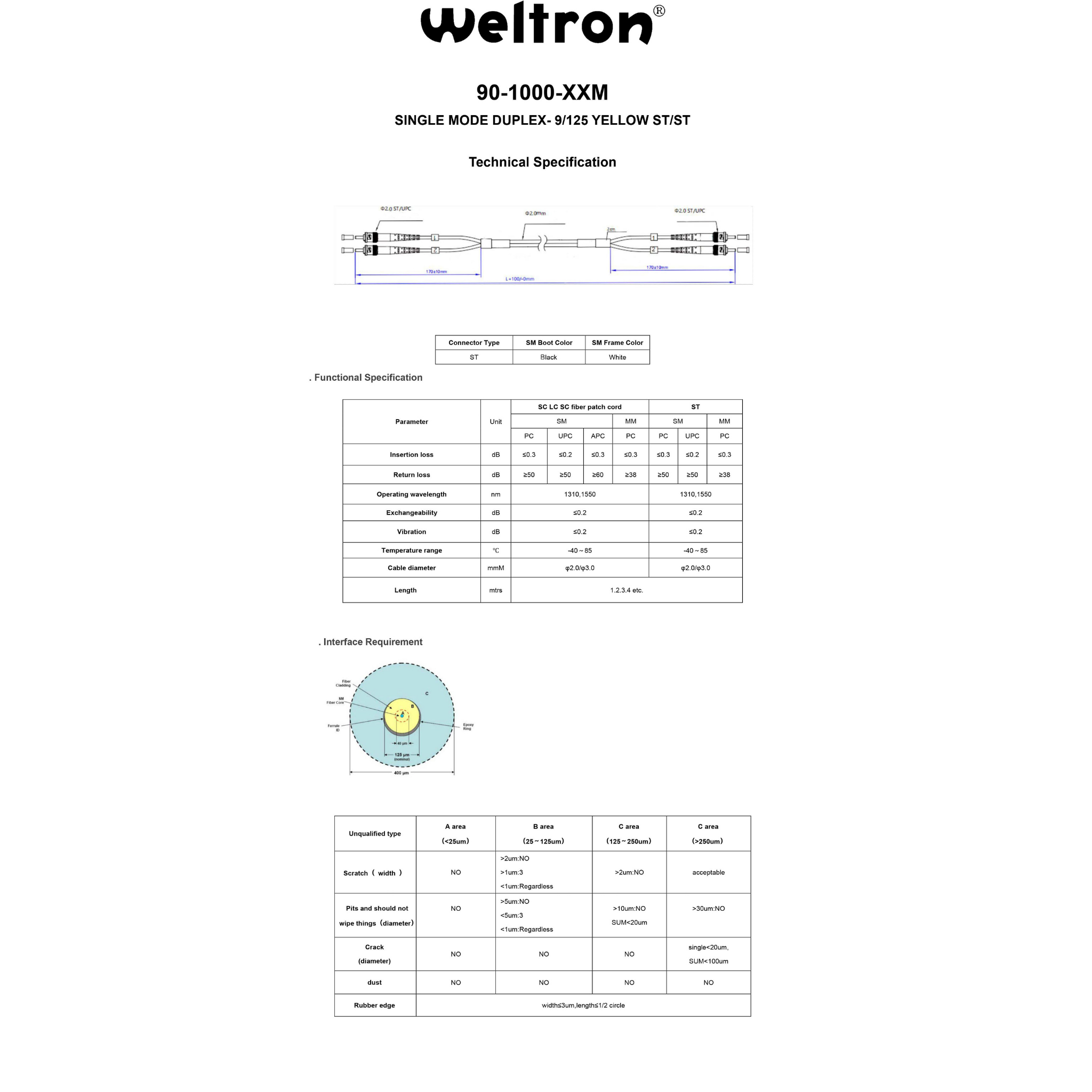 Weltron ST/ST 9/125 Single-mode OS1 Duplex Fiber Patch Cable