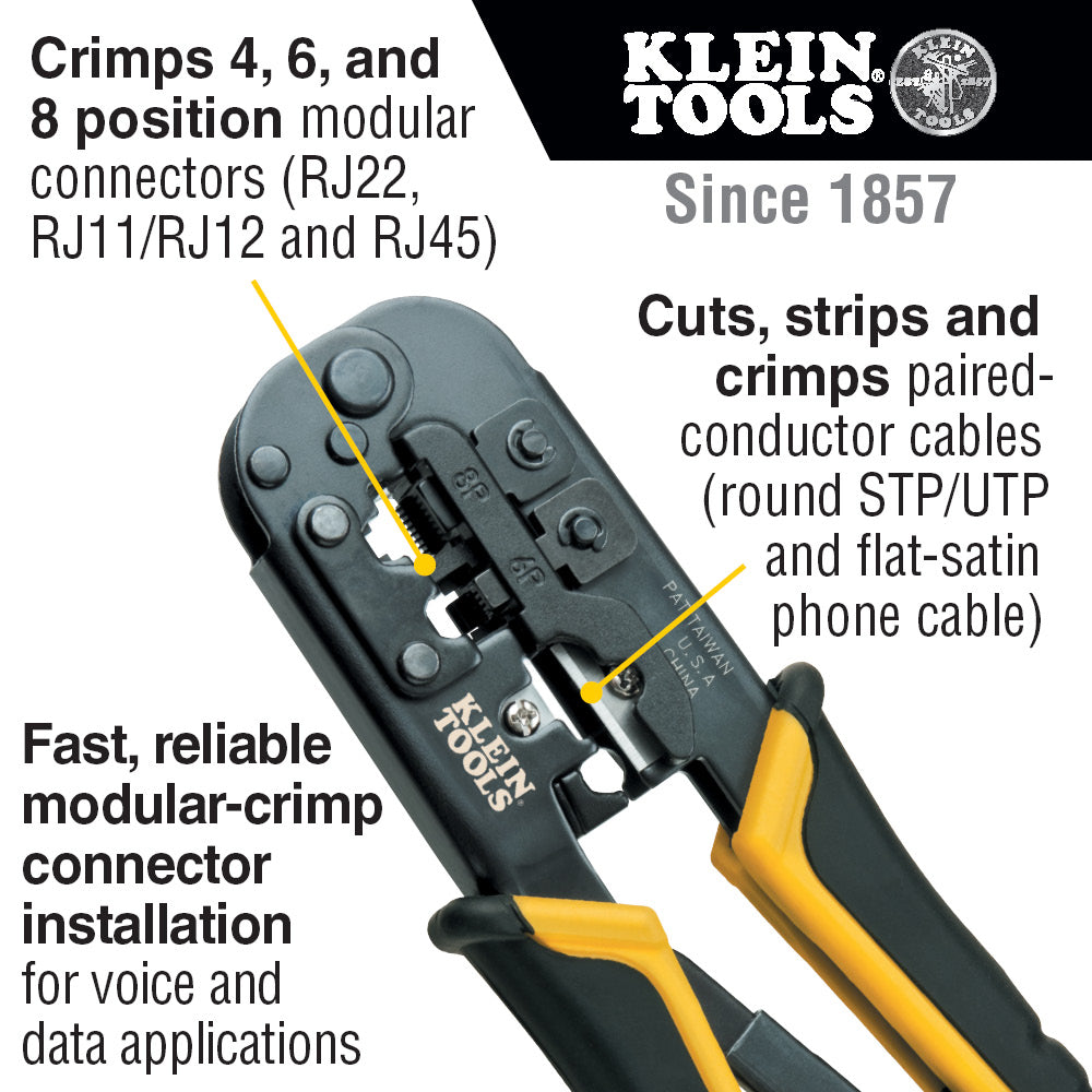 Klein Tools Ratcheting Data Cable Crimper / Stripper / Cutter